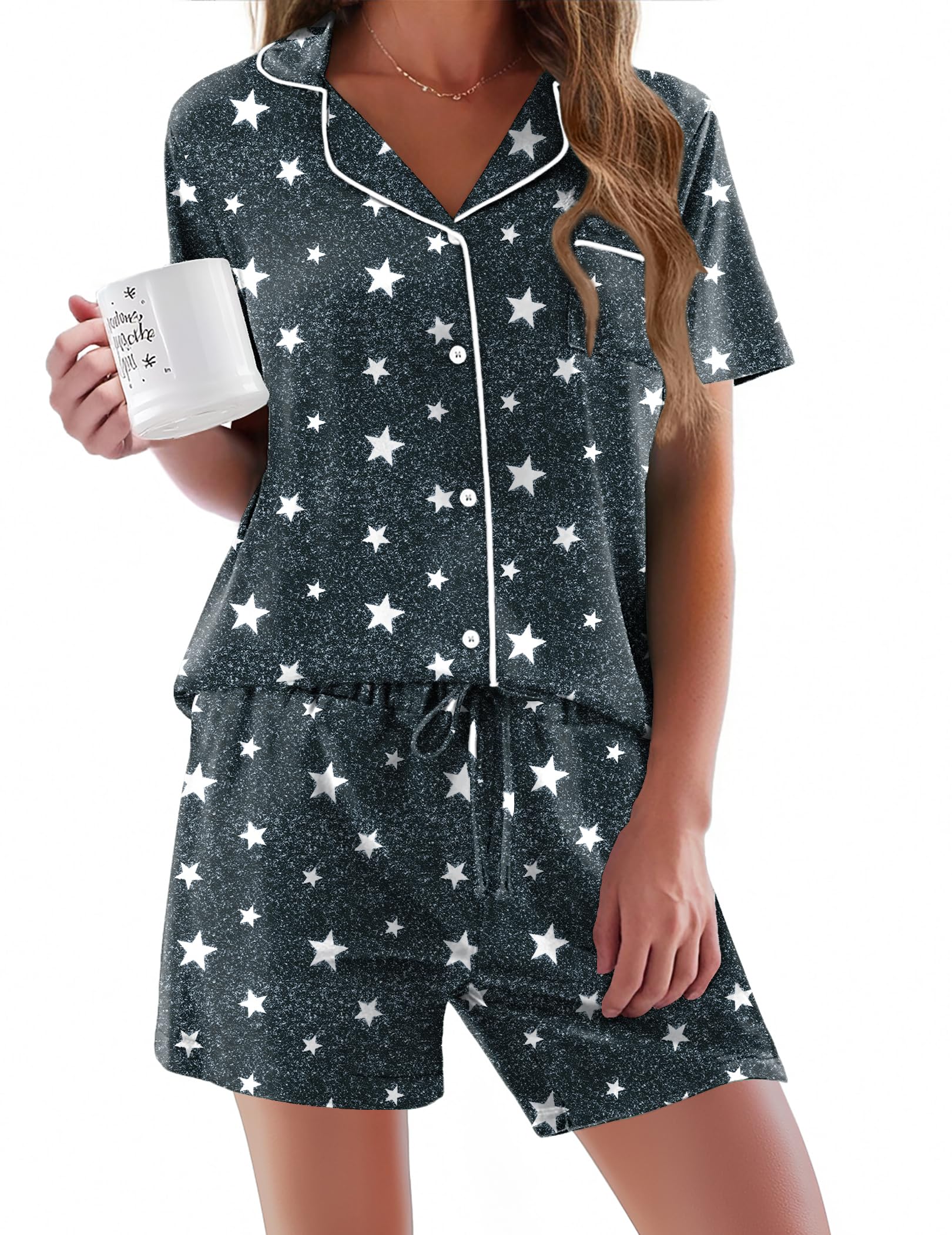 Ekouaer Pajamas Set for Women Short Sleeve Sleepwear Button Down Pjs Soft 2 Piece Lounge Sets XS-XXXL WEBE CLOTHING