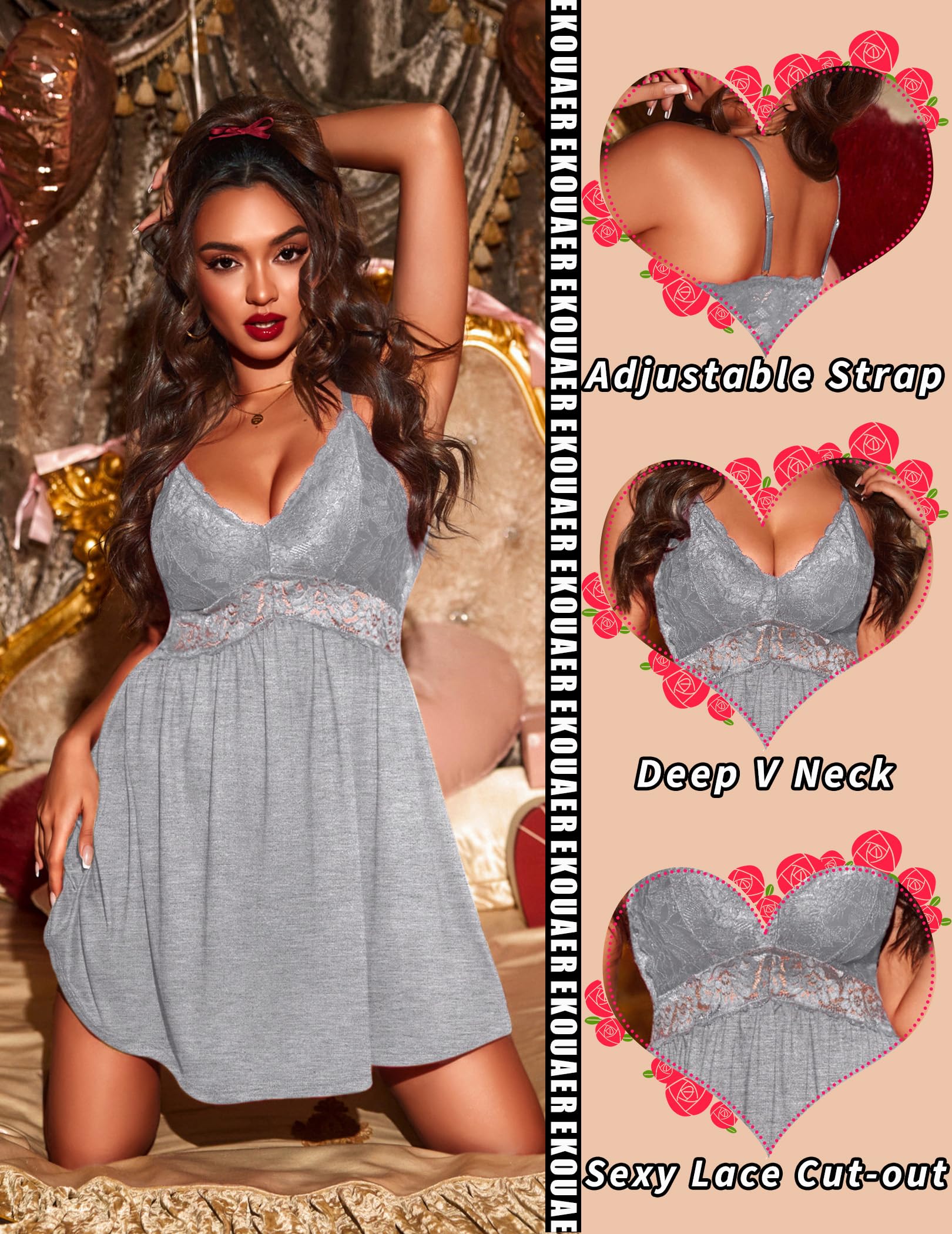 Ekouaer Lingerie for Women Sexy Nightgown Lace Trim Sleep Dress Chemise Nightgowns Sleeveless Night Gown Sleepwear S-3XL WEBE CLOTHING