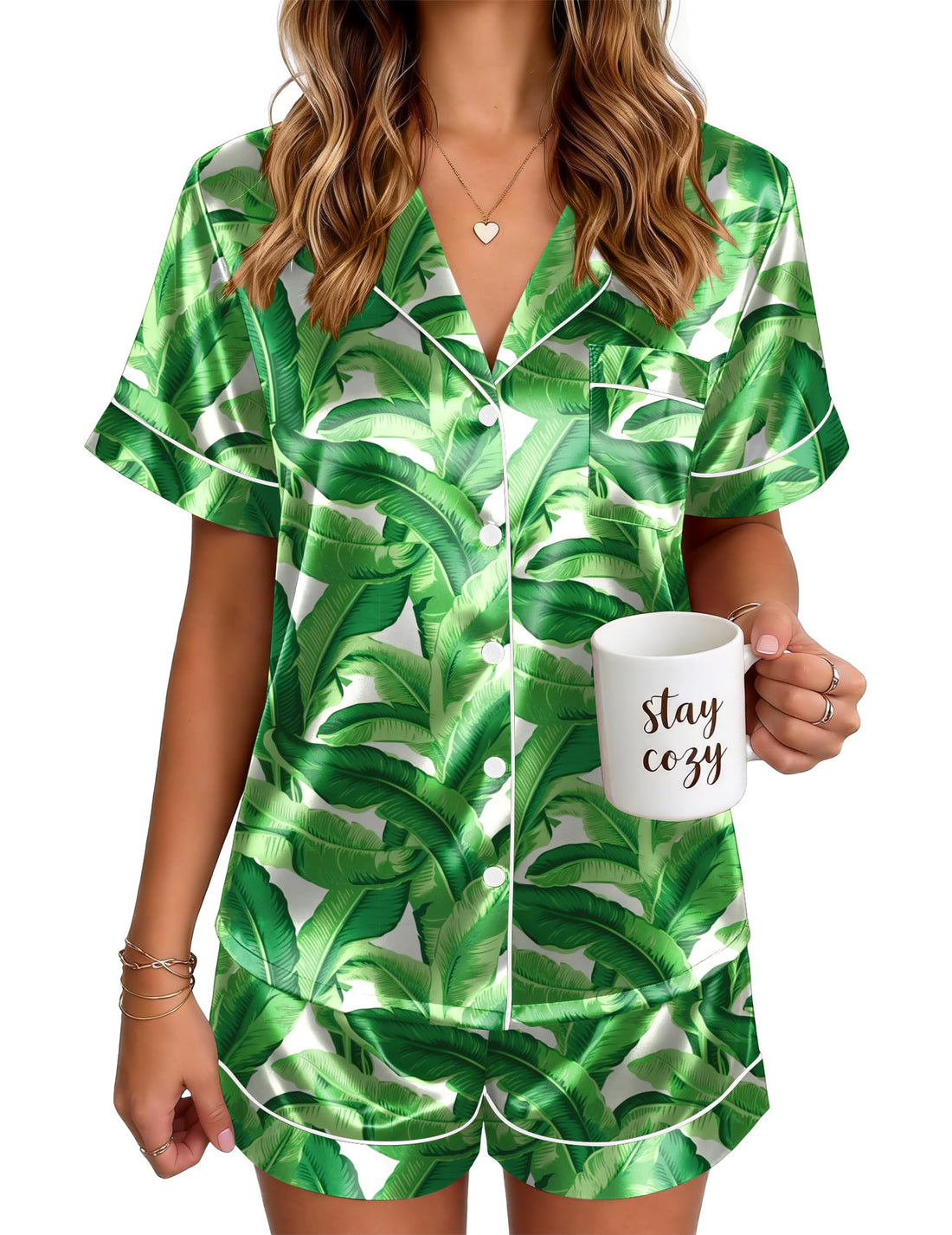 Ekouaer Satin Pajamas for Women Silk Pjs Short Set 2 Piece Button Up Lounge Sets Short Sleeve Sleepwear S-XXL
