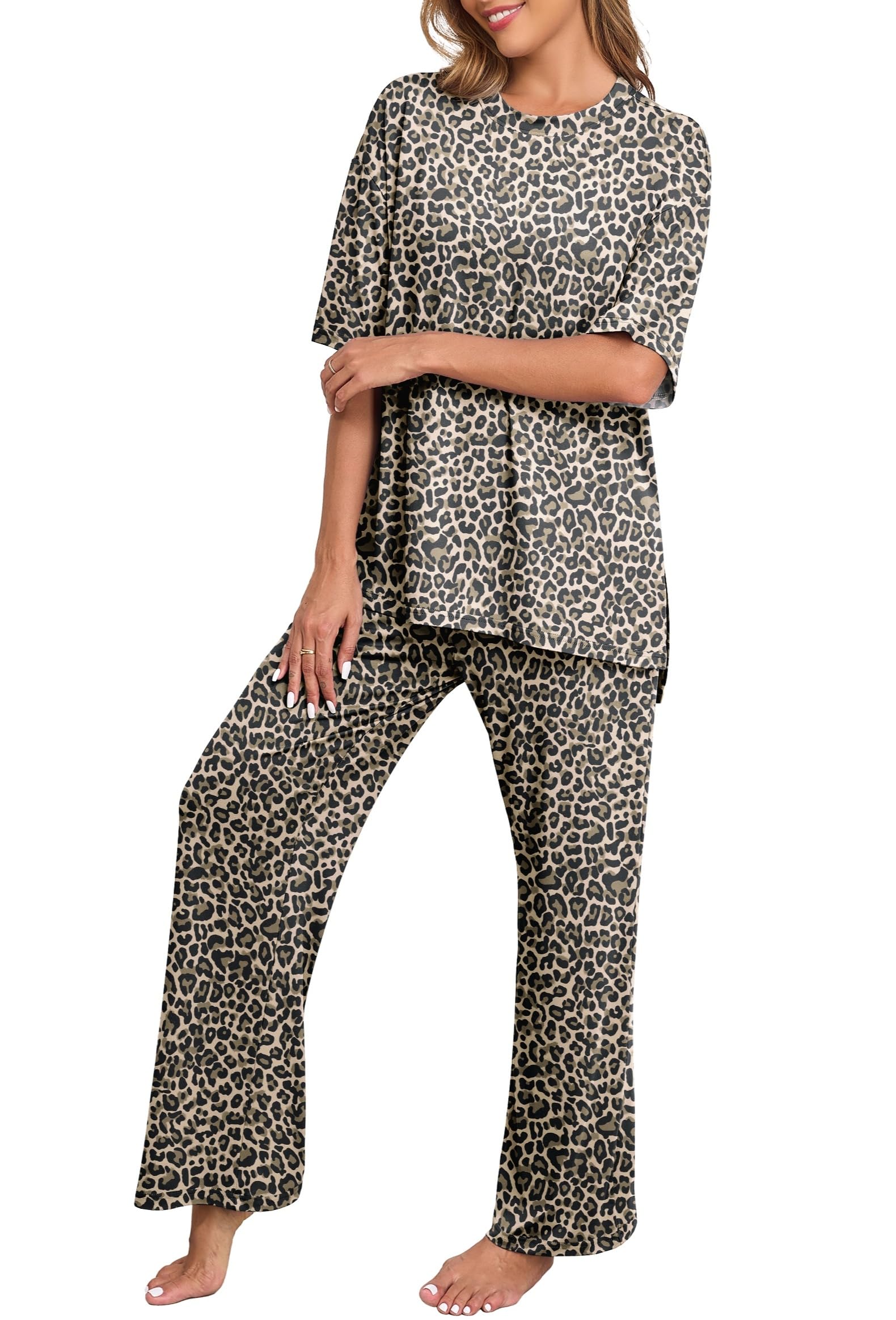 PrinStory Womens Pajamas Sets 2 Piece Lounge Set Short Sleeve Tops and Long Pants Soft Pjs Loungewear with Pockets