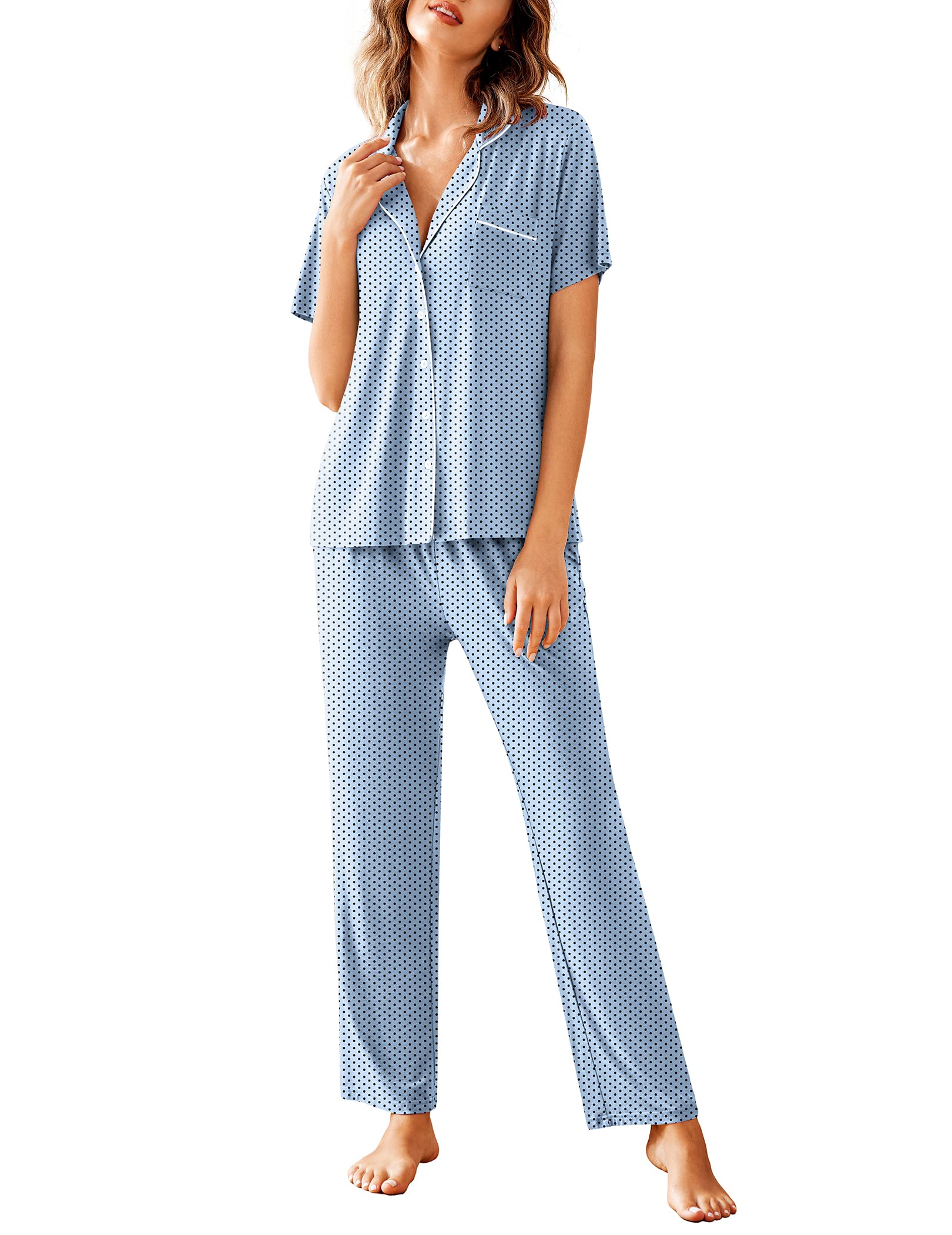 Avidlove Women Pajamas Set Notch Collar Soft Sleepwear Pjs Short Sleeve Button Down Nightwear with Long Pants WEBE CLOTHING