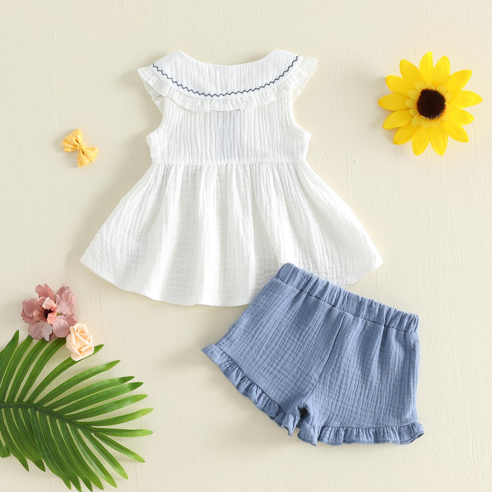 Amnnchya Toddler Girl Clothes Baby Summer Spring Outfits Cute Bow Button Smocked Ruffle Sleeve Tops ＋ Girls Shorts Set WEBE CLOTHING