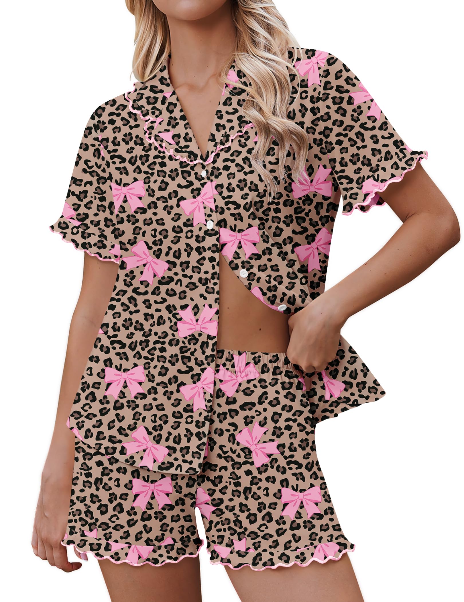 Ekouaer Pajamas for Women Sets Cute Pjs Button Down 2 Piece Short Sleeve Ruffle Lounge Set Sleepwear WEBE CLOTHING
