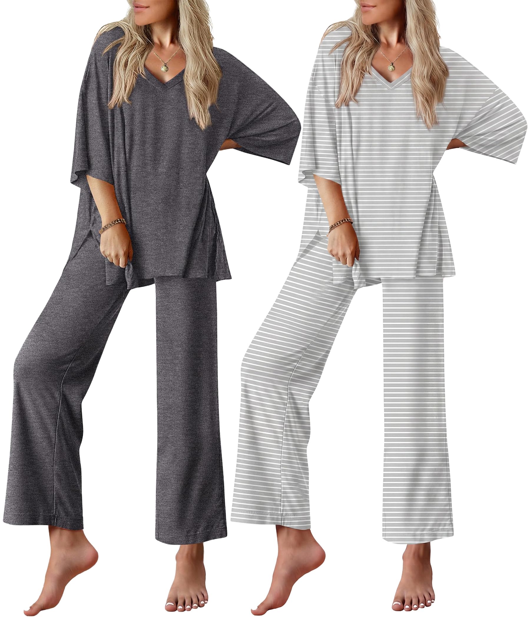 Ekouaer 2 Packs Lounge Sets for Women Short Sleeve Pajamas Set V Neck Top and Long Pants Comfy Pjs Outifts with Pockets