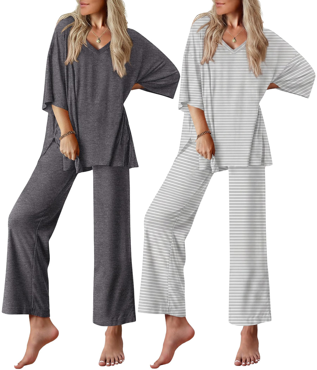 Ekouaer 2 Packs Lounge Sets for Women Short Sleeve Pajamas Set V Neck Top and Long Pants Comfy Pjs Outifts with Pockets