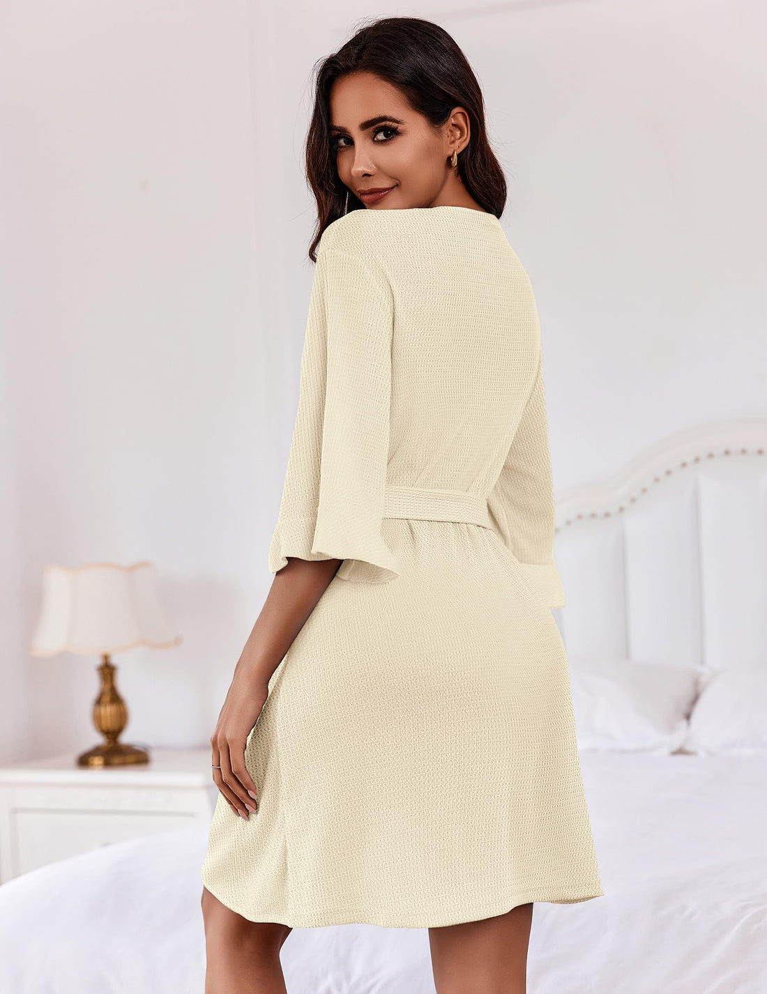 Ekouaer Robes for Women Lightweight Waffle Knit Short Bath Robe Knee Length Ruffle Ladies Loungewear WEBE CLOTHING