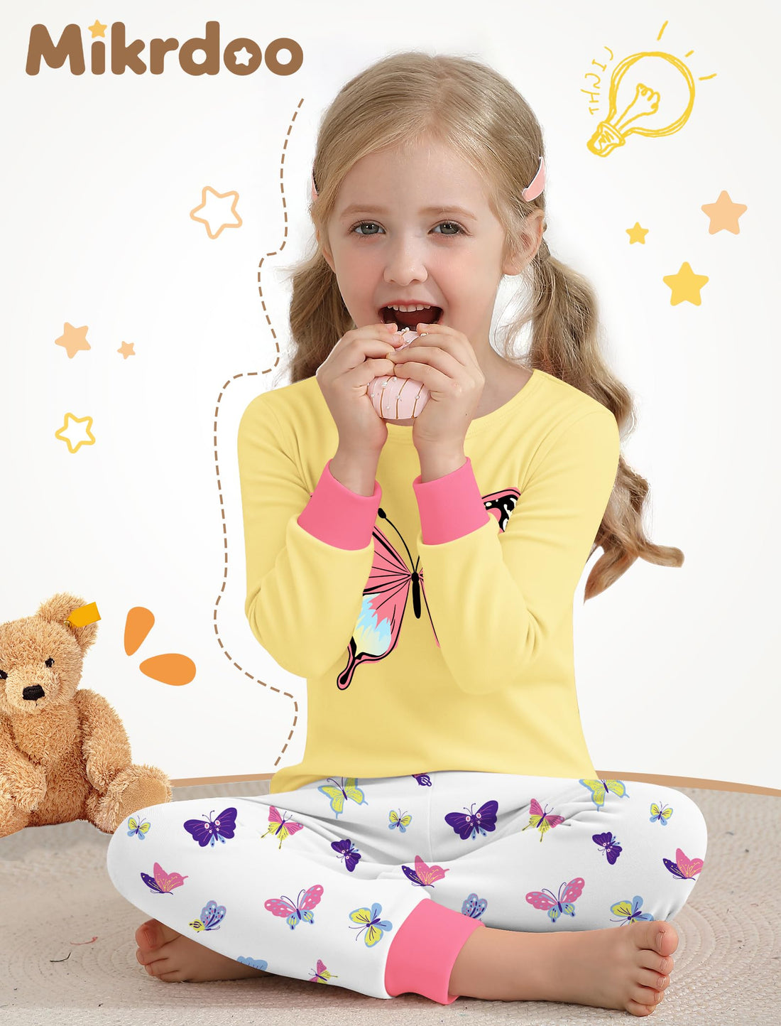 Mikrdoo Girls Pajamas Kids Soft Cute Cotton Long Sleeve 2 Piece Stretchy Snug Fit Pjs Set for Girls Size 4-14Y