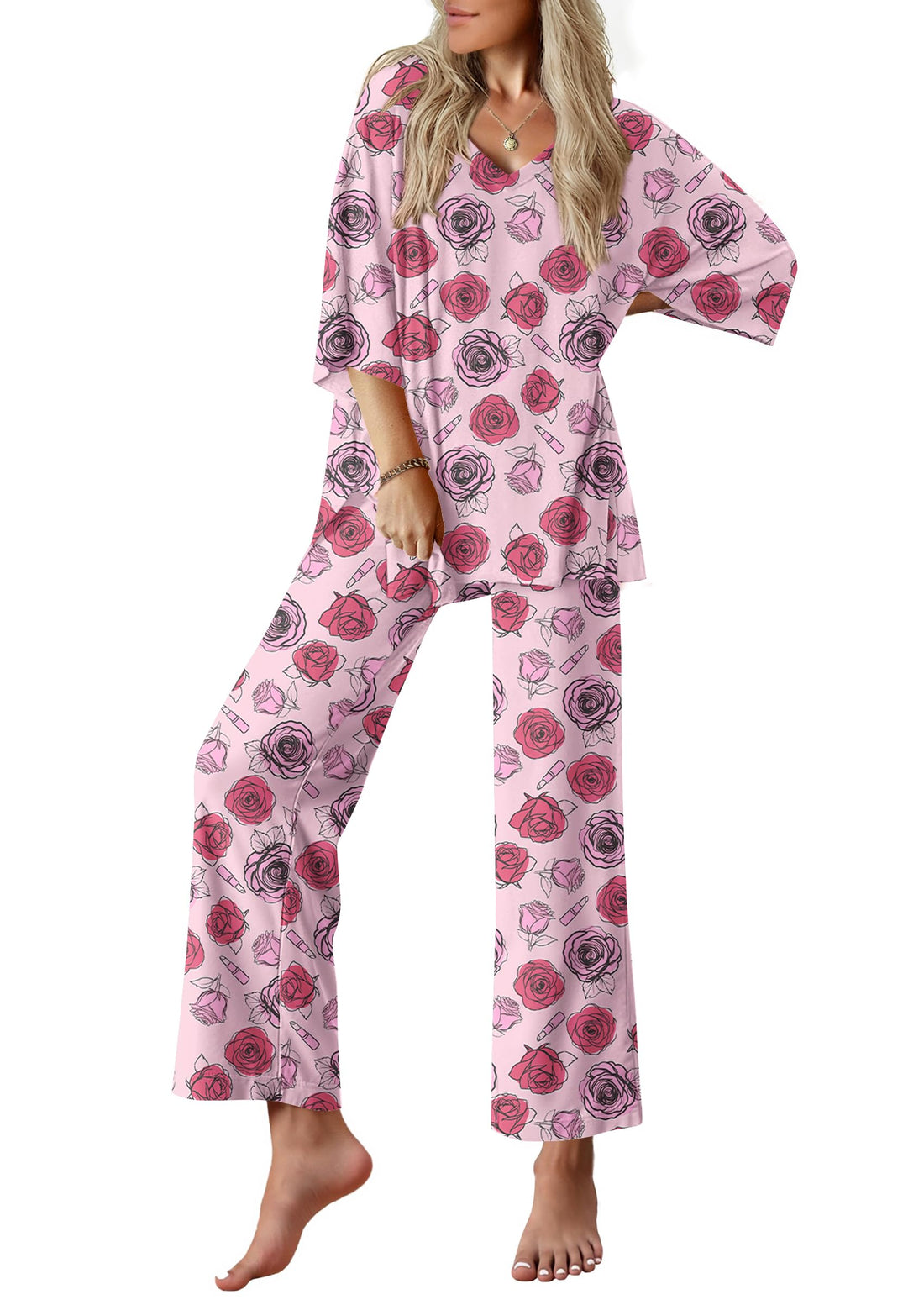 Ekouaer Lounge Sets for Women Short Sleeve Tops and Long Pants Pajamas Set | Comfy V Neck Top and Loose Fit Pants, Fashion Oversized style, ideal for Home relaxation, Daily Wear & Maternity WEBE CLOTHING