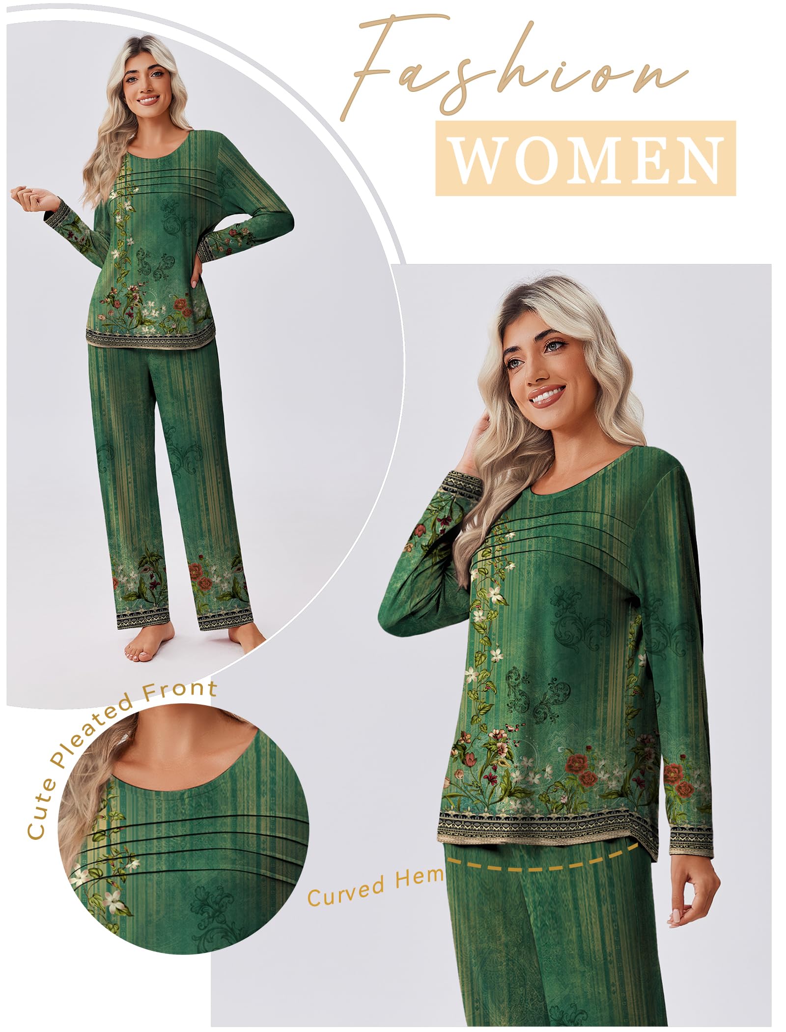 Ekouaer Womens Pajama Sets Pleated Tops with Long Pants Lounge Set Long Sleeve Fall Sleepwear Ladies Pjs S-XXL