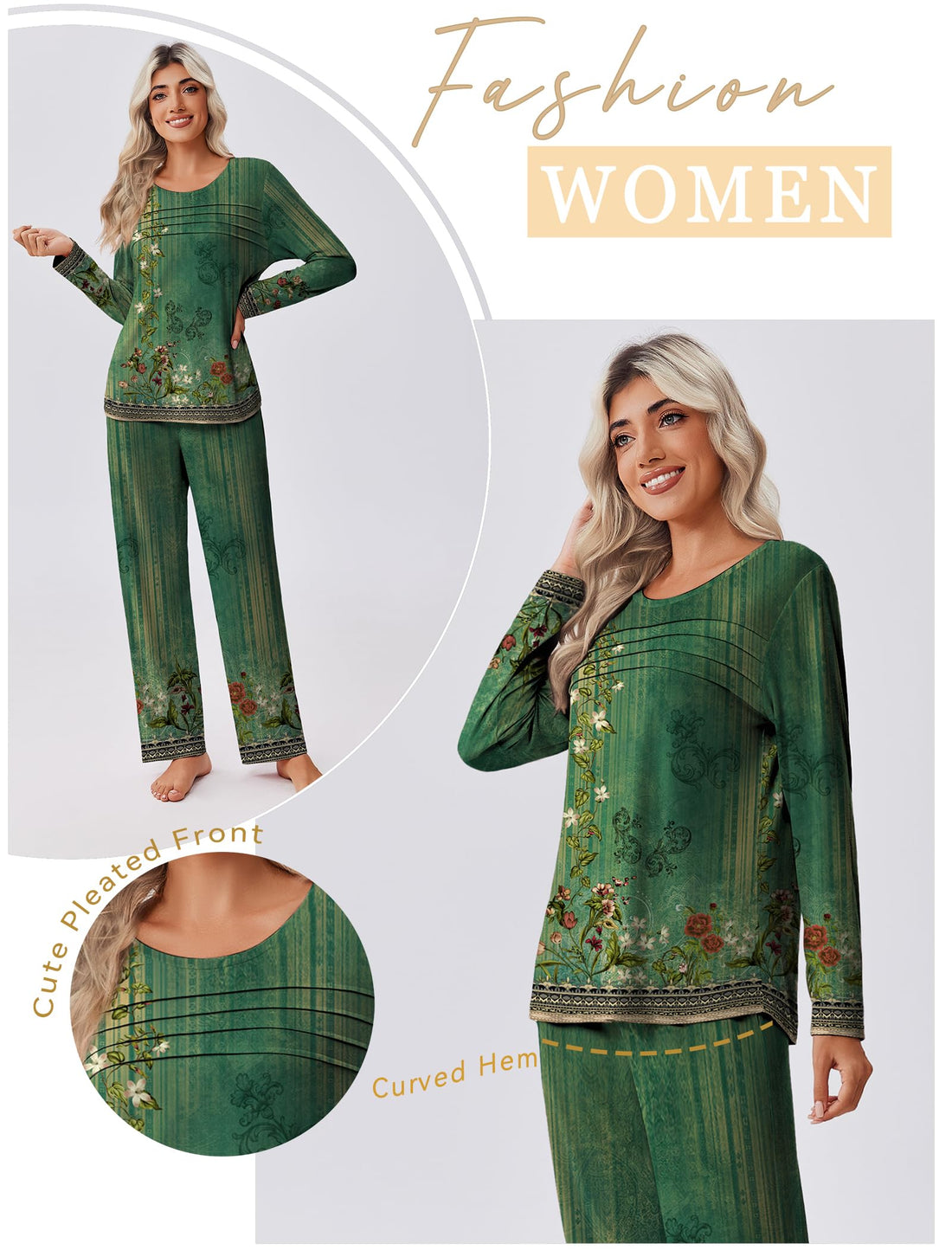 Ekouaer Womens Pajama Sets Pleated Tops with Long Pants Lounge Set Long Sleeve Fall Sleepwear Ladies Pjs S-XXL