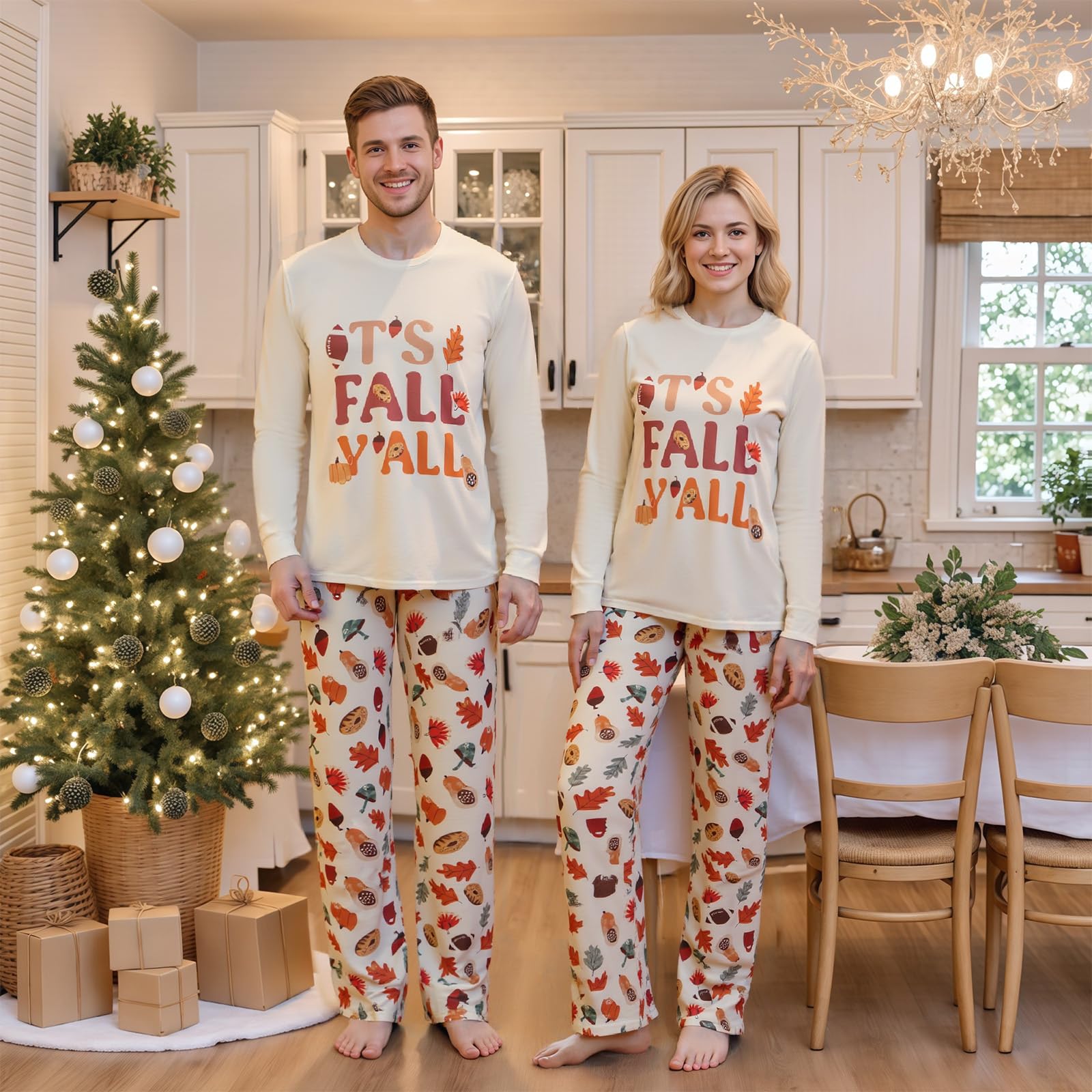 Family Pajamas Matching Sets - Cozy Fall Pjs Sets with Long Sleeve & Harvest Print Pants | Family Fall Clothes