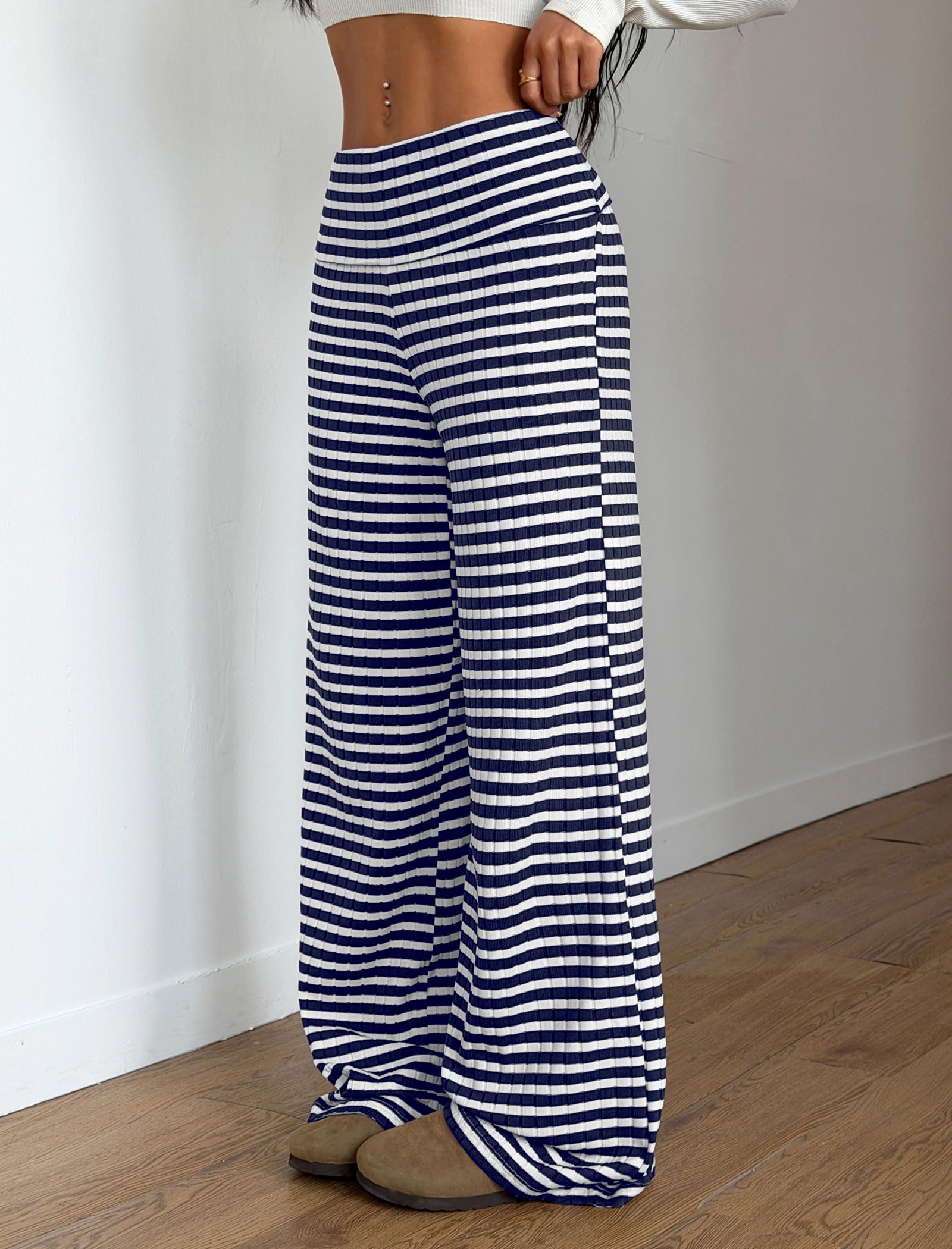 ZAFUL Women's Striped Pants Casual Fold Waist Wide Leg Pants Lightweight Comfy Stretchy Loose Lounge Pajama Pants