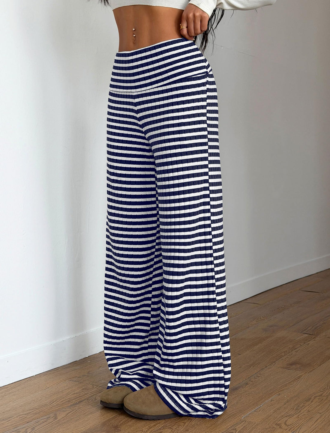 ZAFUL Women's Striped Pants Casual Fold Waist Wide Leg Pants Lightweight Comfy Stretchy Loose Lounge Pajama Pants