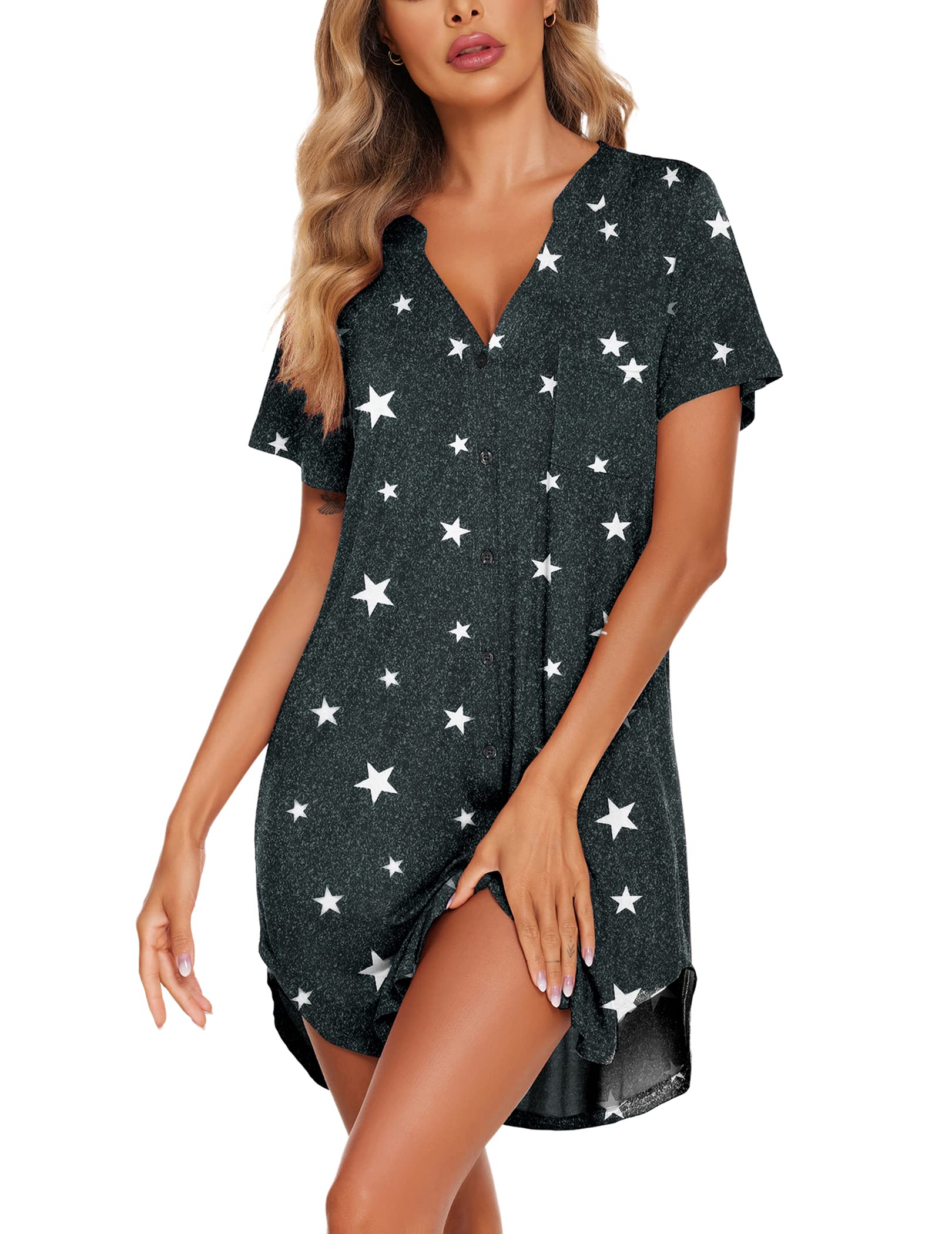 Ekouaer Women V Neck Button Down Nightgown
