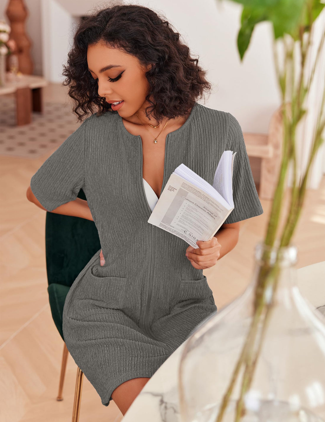 Ekouaer Women Zipper Robes Knit Short Bathrobe Lightweight House Coat with Pockets Soft Nightgown S-XXL WEBE CLOTHING