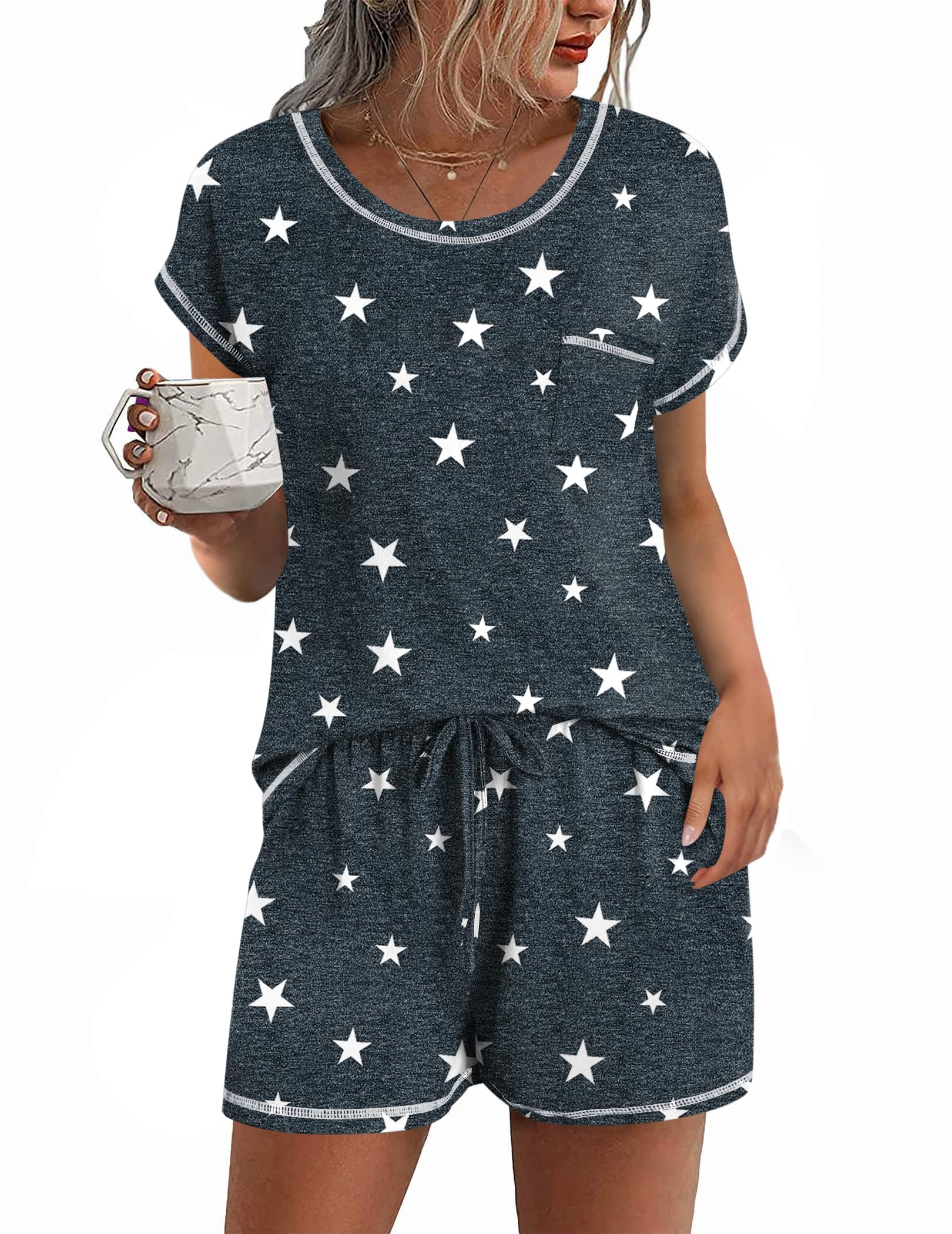 Ekouaer Womens Pajama Sets 2 Piece Soft Short Sleeve Top and Shorts Sleepwear Round Neck Pjs Lounge Set with Pockets