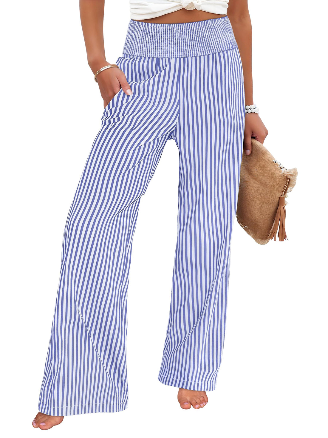 ANRABESS Womens Striped Gingham Palazzo Pants | Wide Leg Smocked High Waisted Pajama Pants, Lounge & Casual, Summer Fall Cute Pants with Pockets