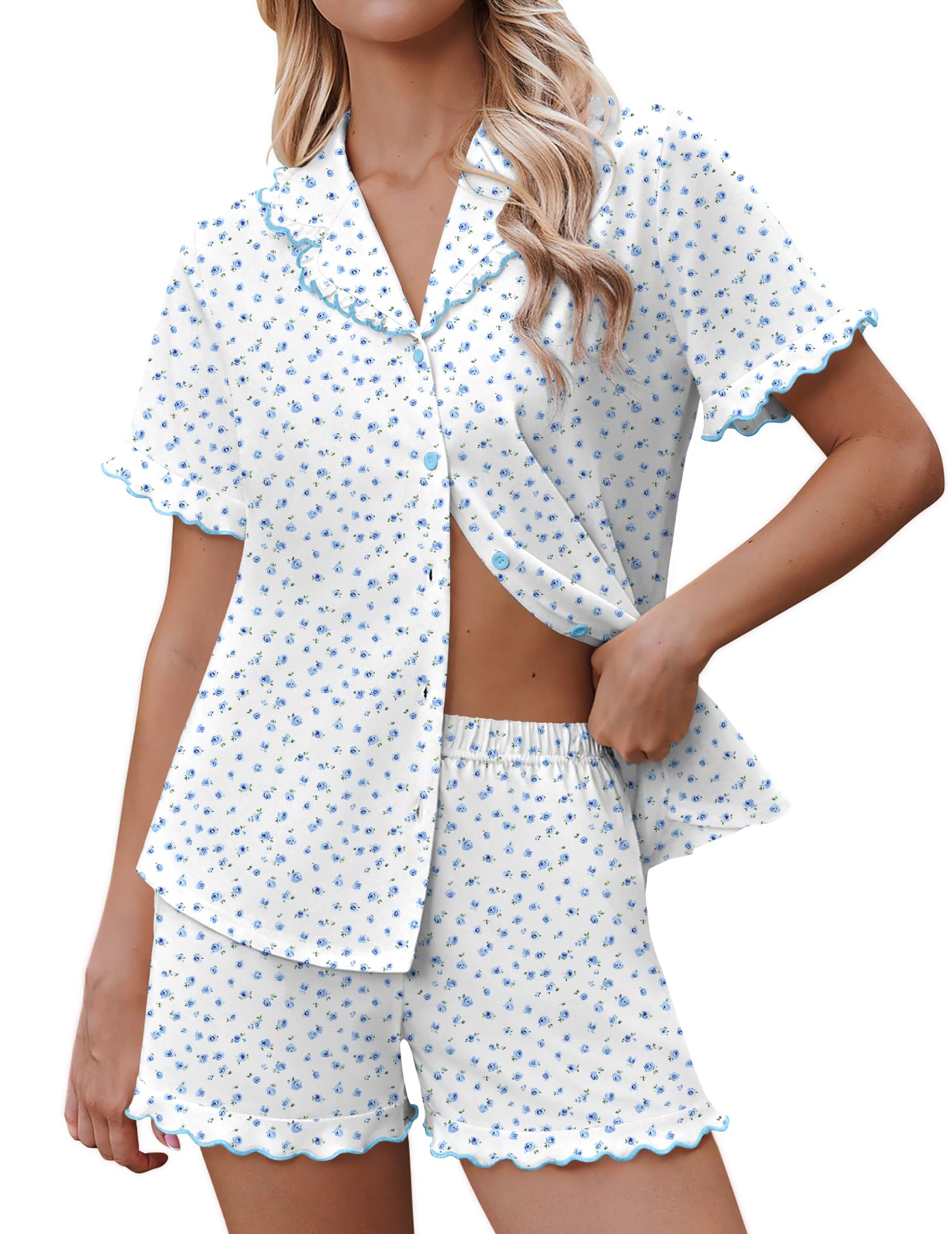 Ekouaer Pajamas for Women Sets Cute Pjs Button Down 2 Piece Short Sleeve Ruffle Lounge Set Sleepwear WEBE CLOTHING