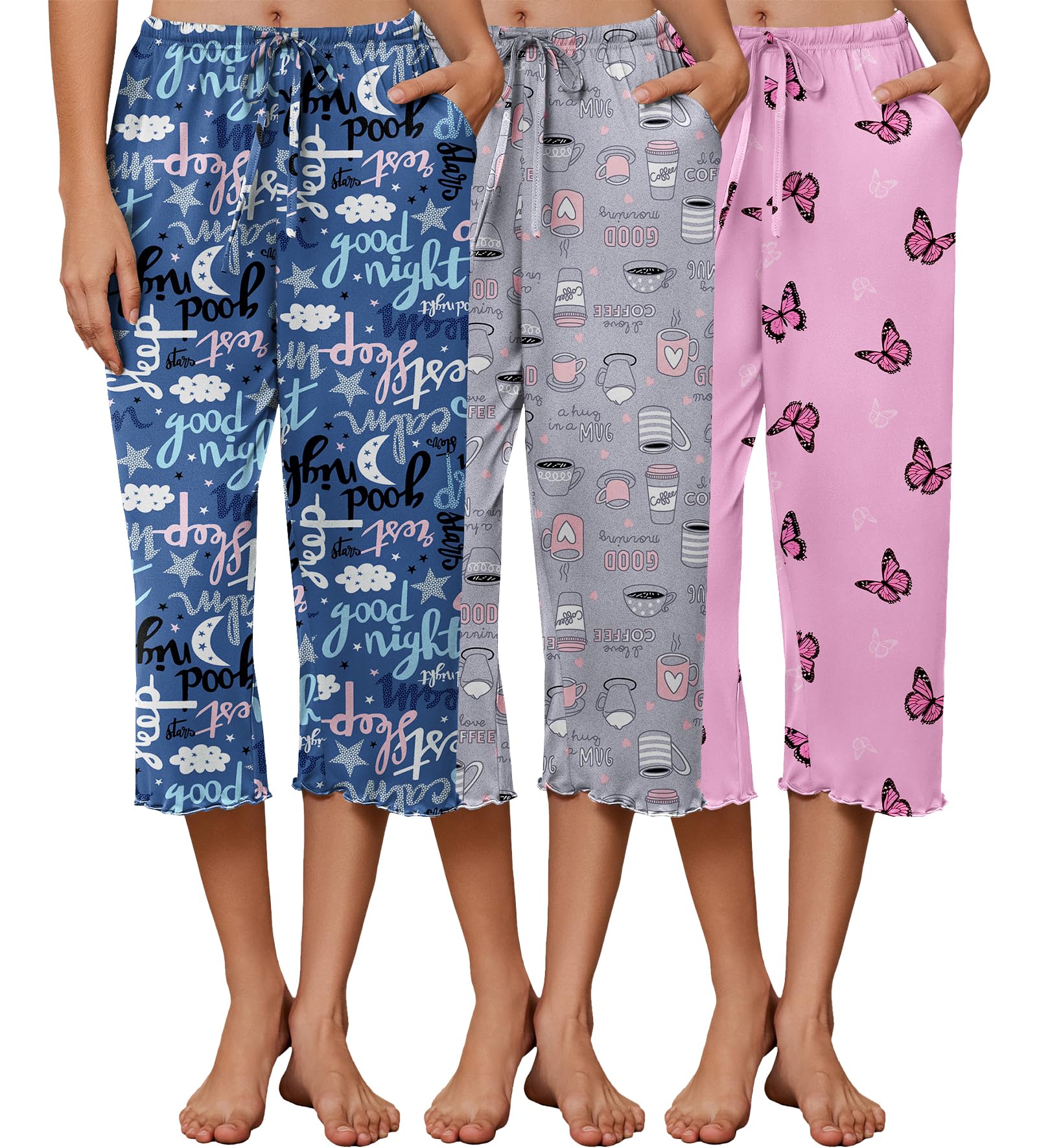 Ekouaer 3 Pack Women Capri Pajama Pants 2026 Ruffle Hem Lounge Pants Drawstring Pj Bottoms with Pockets