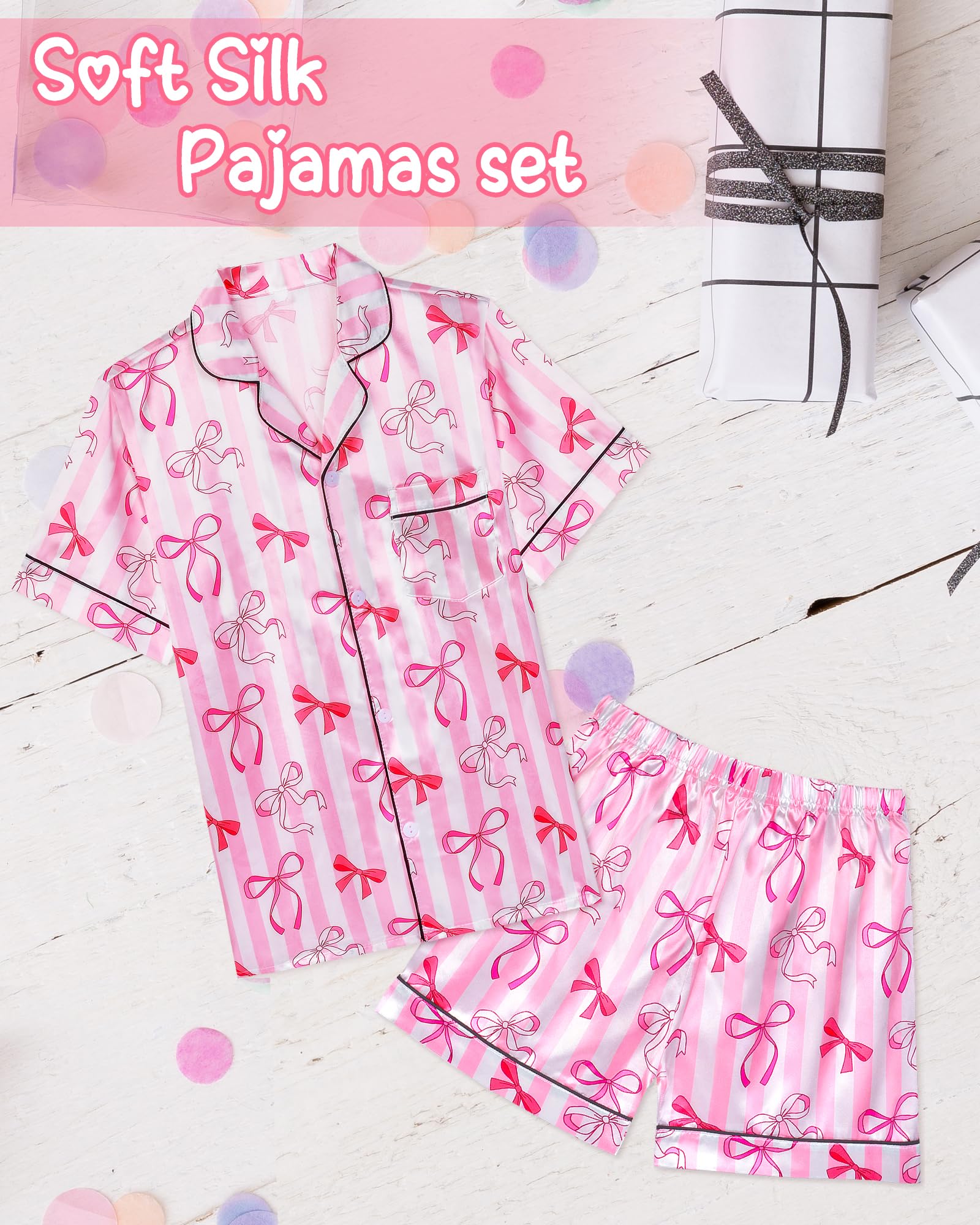 Sylfairy Girls Pajamas Silk PJS Set Pink Bow Satin Sleepwear Short Sleeve Jammies for Kids Button-Down Nightwear size 7-14