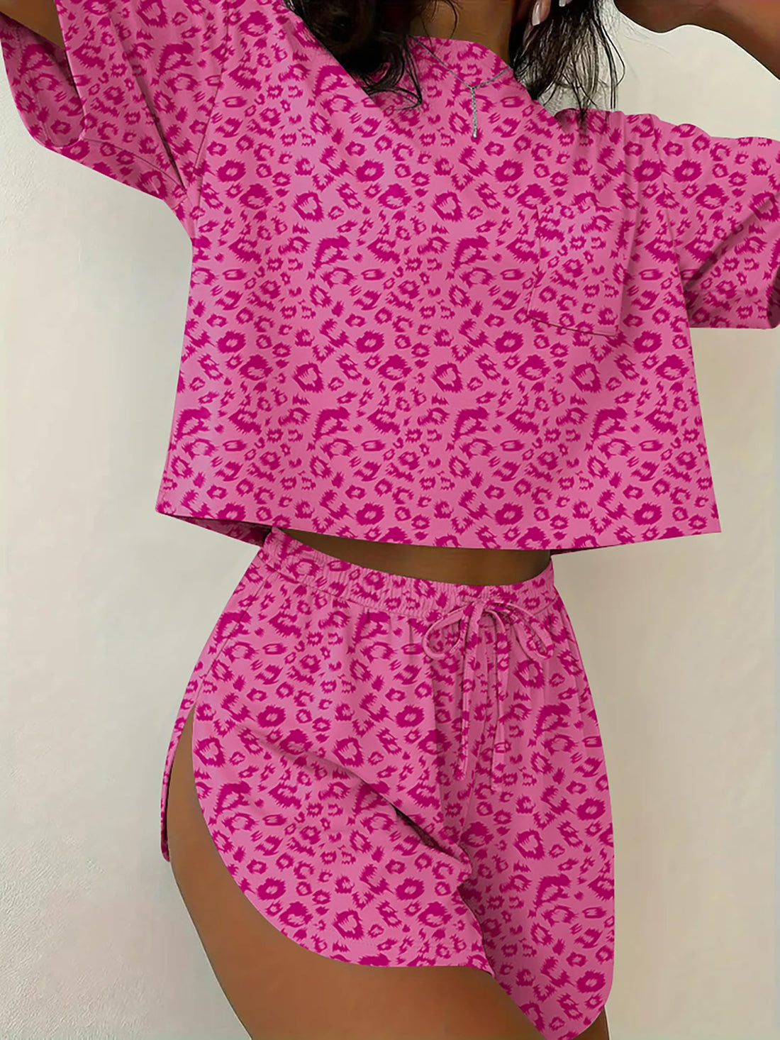 Women's 2 Piece Pajama Set Short Sleeve Sexy Side Split Short Lounge Set Cute Comfy Sleepwear Loungewear