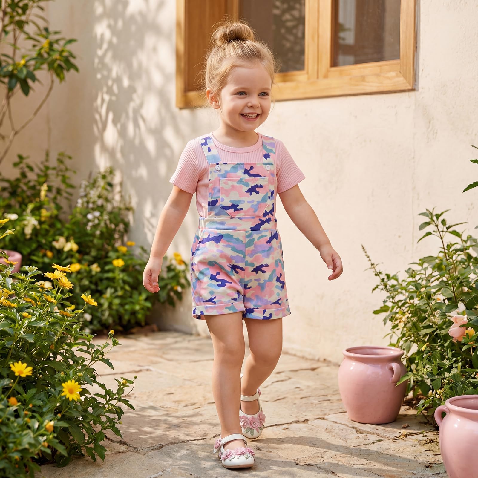 Toddler Baby Girls Summer Outfits T-Shirt Overalls Shorts Set | Short Sleeve Ribbed Shirt, Flower/Apple/Strawberry/Camo/Star/Bee Suspender Overalls, Kid 2Pcs Clothing, Spring Clothes 12M-5Y WEBE CLOTHING