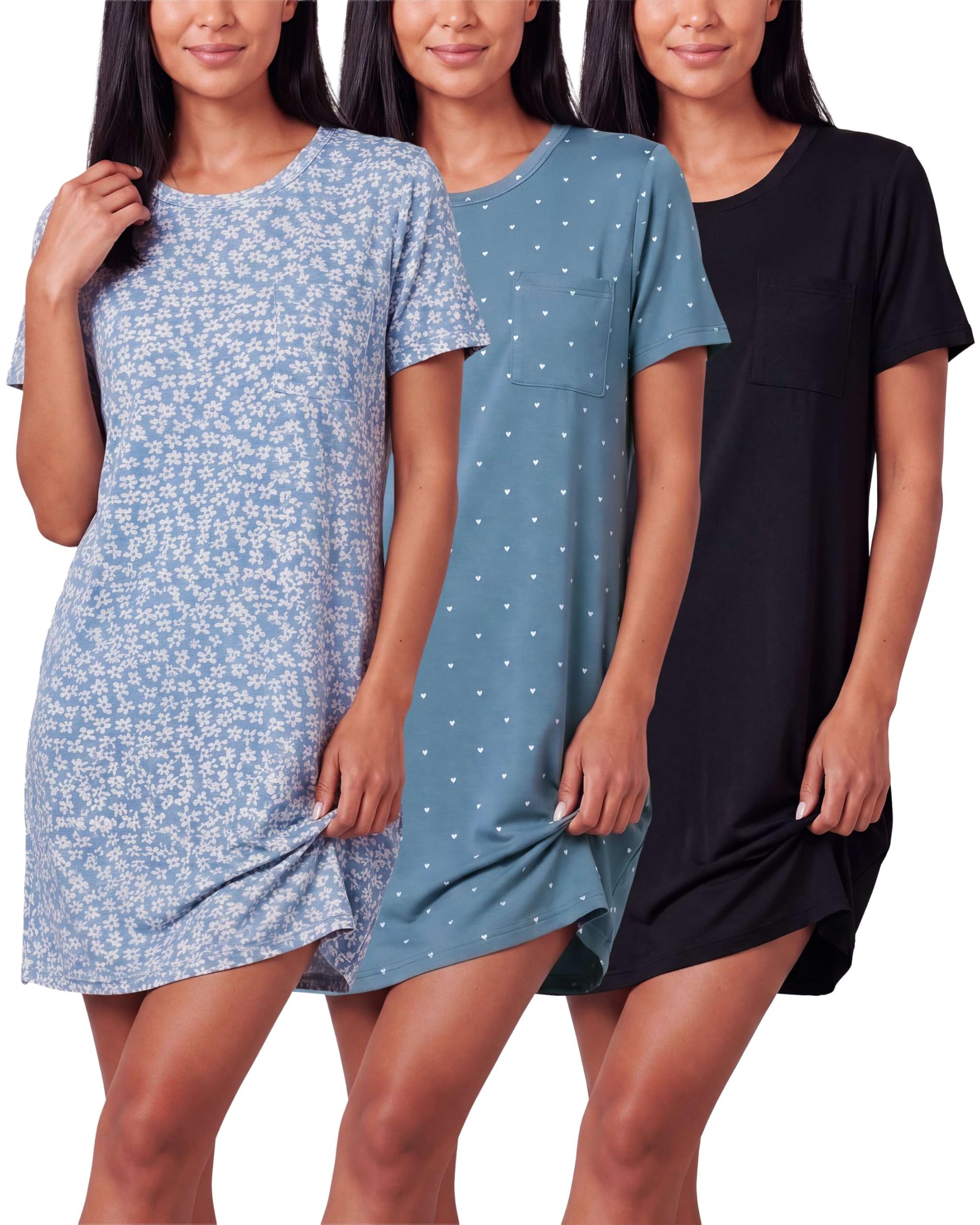 Real Essentials 3 Pack: Women's Short Sleeve Nightgown Dress – Nightshirt Pajama Sleep Shirt Sleepwear (Available In Plus)