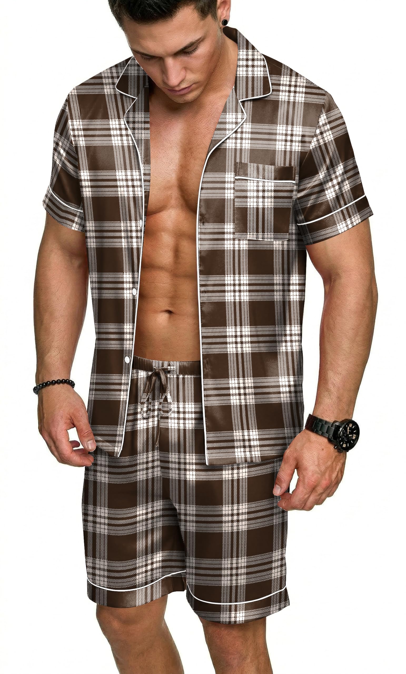 Ekouaer Mens Silk Satin Pajamas Set, Short Sleeve Sleepwear Lightweight Button Up Lounge Pjs Set with Pockets S-4XL WEBE CLOTHING