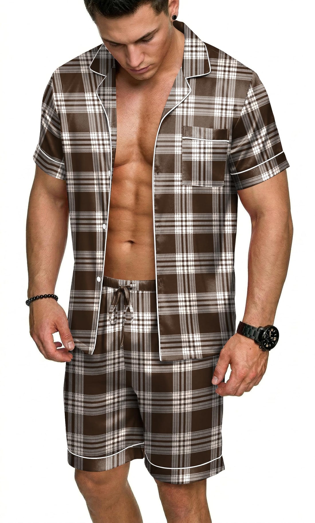 Ekouaer Mens Silk Satin Pajamas Set, Short Sleeve Sleepwear Lightweight Button Up Lounge Pjs Set with Pockets S-4XL WEBE CLOTHING