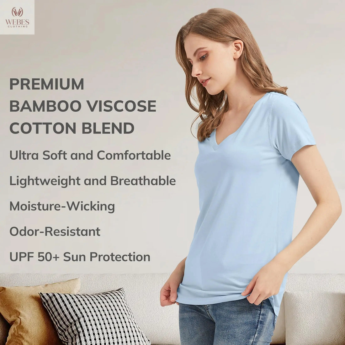 netdraw Women's Ultra-Soft Bamboo Viscose Cotton V-Neck Short Sleeve T-Shirt, Casual Summer Tops for Lounge Sleep Pajama