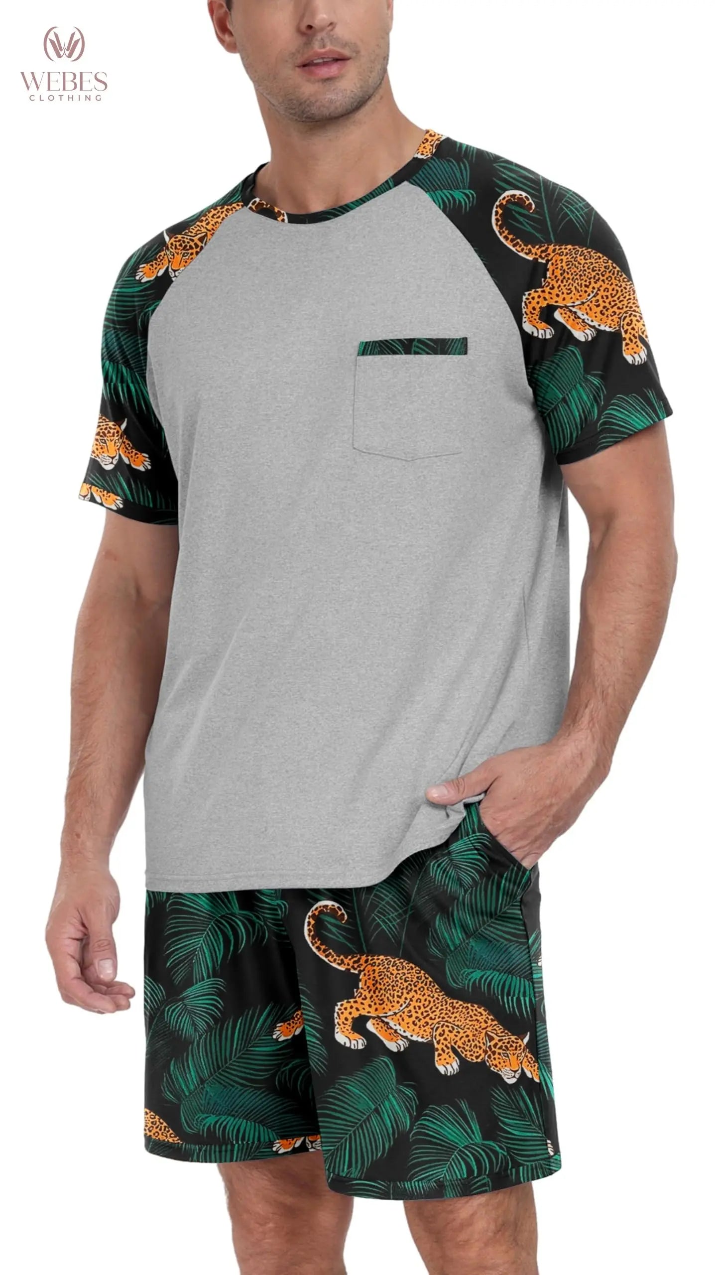 PrinStory Mens Pajama Sets Summer Pjs Sleepwear Nightwear Lightweight Quick Dry Soft Short Sleeve Sleep Set With Pocket S-4XL WEBE CLOTHING