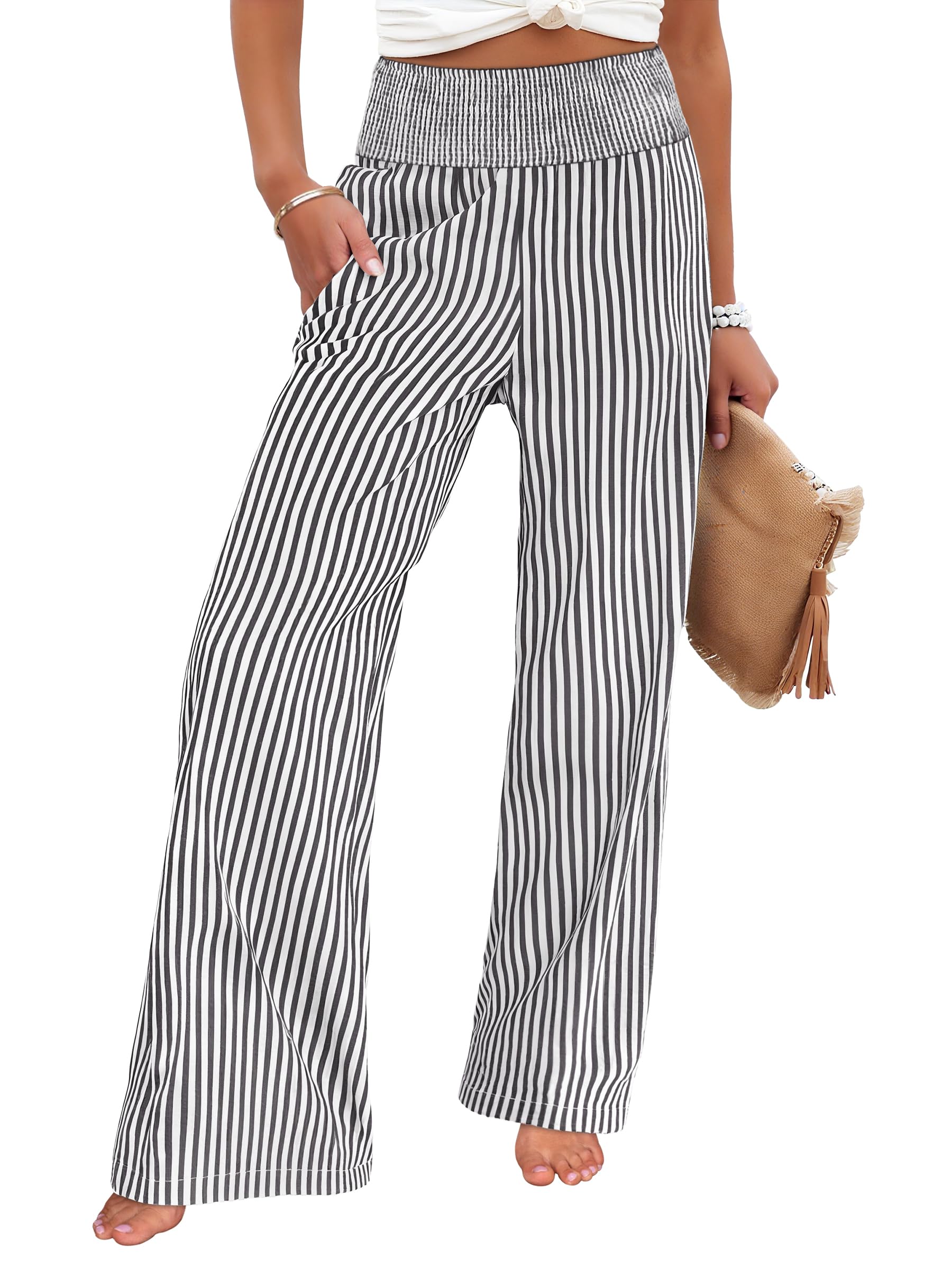 ANRABESS Womens Striped Gingham Palazzo Pants | Wide Leg Smocked High Waisted Pajama Pants, Lounge & Casual, Summer Fall Cute Pants with Pockets
