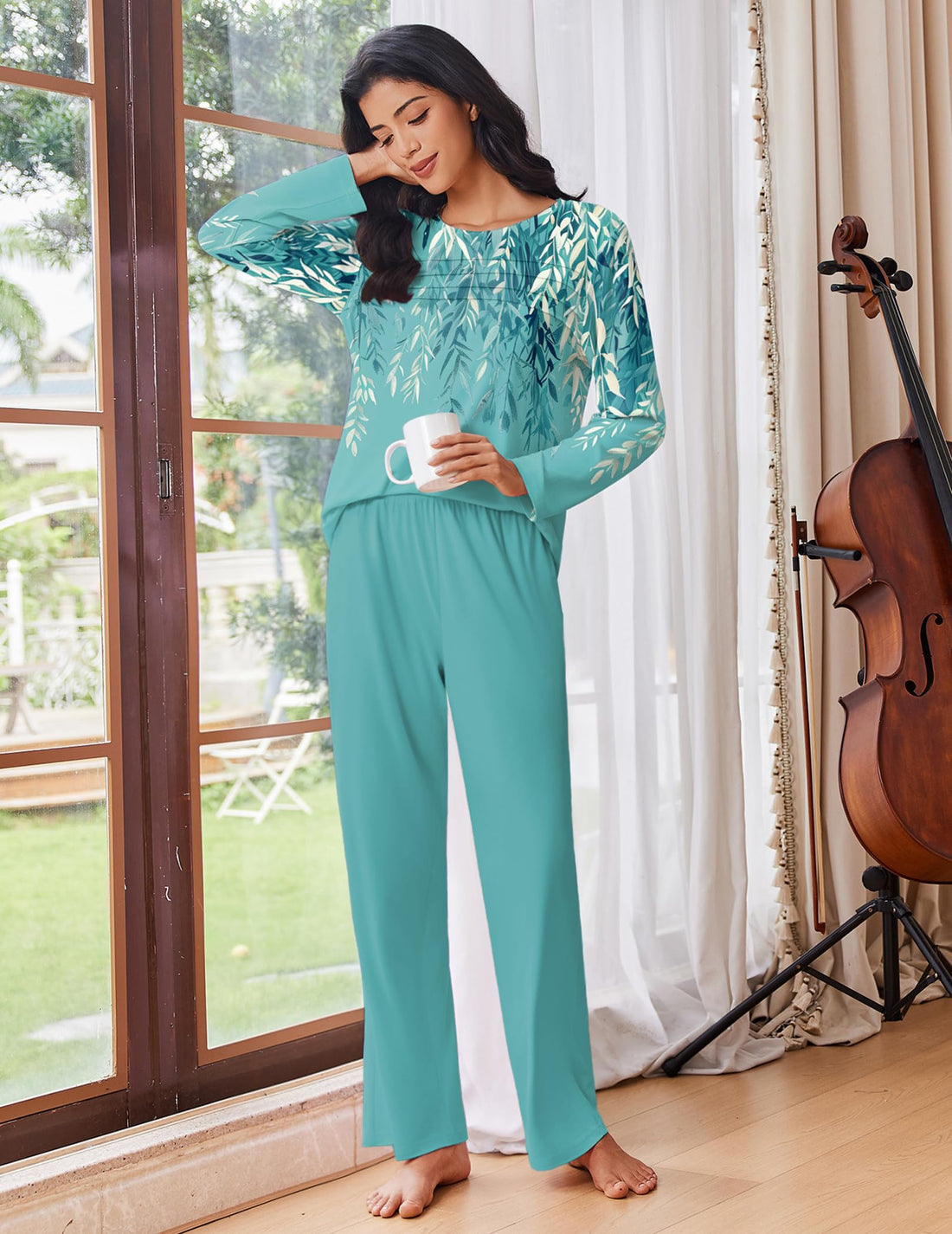 Ekouaer Womens Pajama Sets Pleated Tops with Long Pants Lounge Set Long Sleeve Fall Sleepwear Ladies Pjs S-XXL