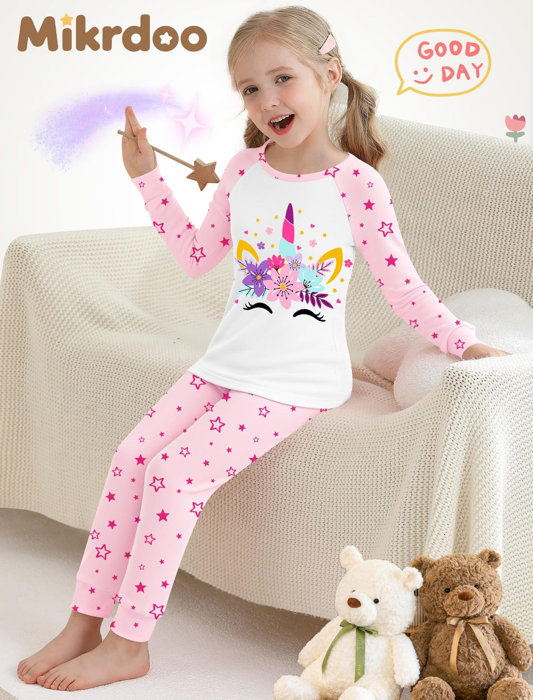 Mikrdoo Girls Pajamas Kids Soft Cute Cotton Long Sleeve 2 Piece Stretchy Snug Fit Pjs Set for Girls Size 4-14Y