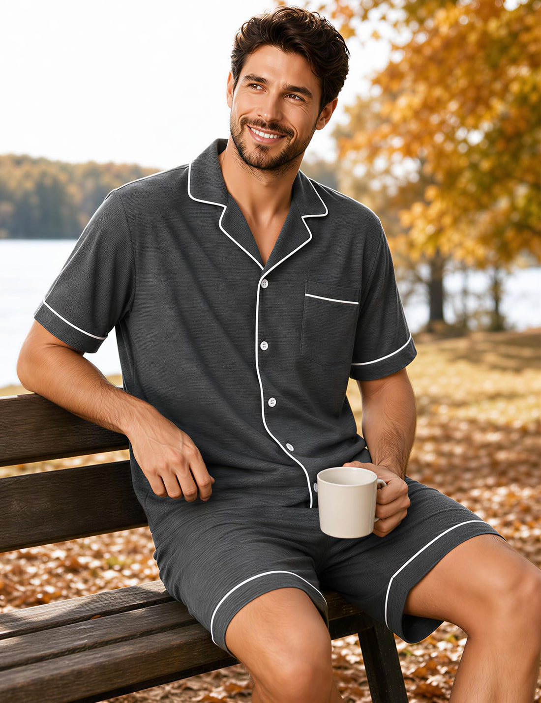 SWOMOG 100% Cotton Mens Pajama Set Short Sleeve Sleepwear Button Down Loungewear 2 PCS Cotton Pjs Set with Pockets WEBE CLOTHING