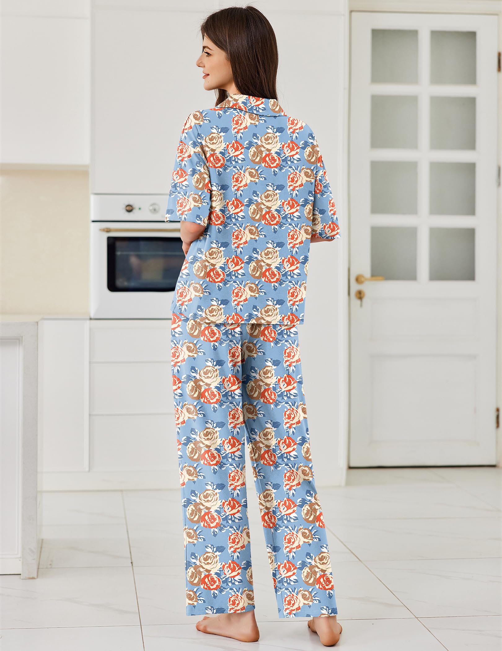 Ekouaer Women Pajamas Set Button Down Sleepwear Short Sleeve Pjs Soft Comfy Nightwear with Long Pants S-XXL