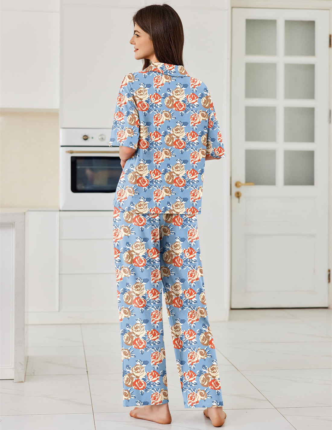 Ekouaer Women Pajamas Set Button Down Sleepwear Short Sleeve Pjs Soft Comfy Nightwear with Long Pants S-XXL