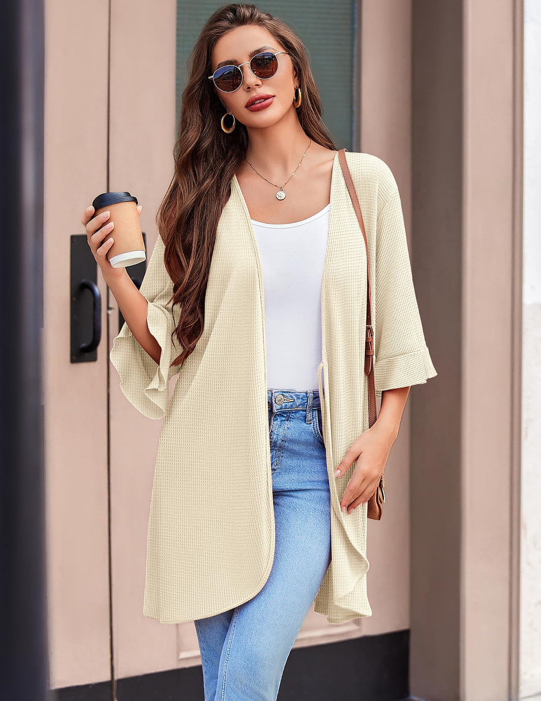 Ekouaer Robes for Women Lightweight Waffle Knit Short Bath Robe Knee Length Ruffle Ladies Loungewear WEBE CLOTHING