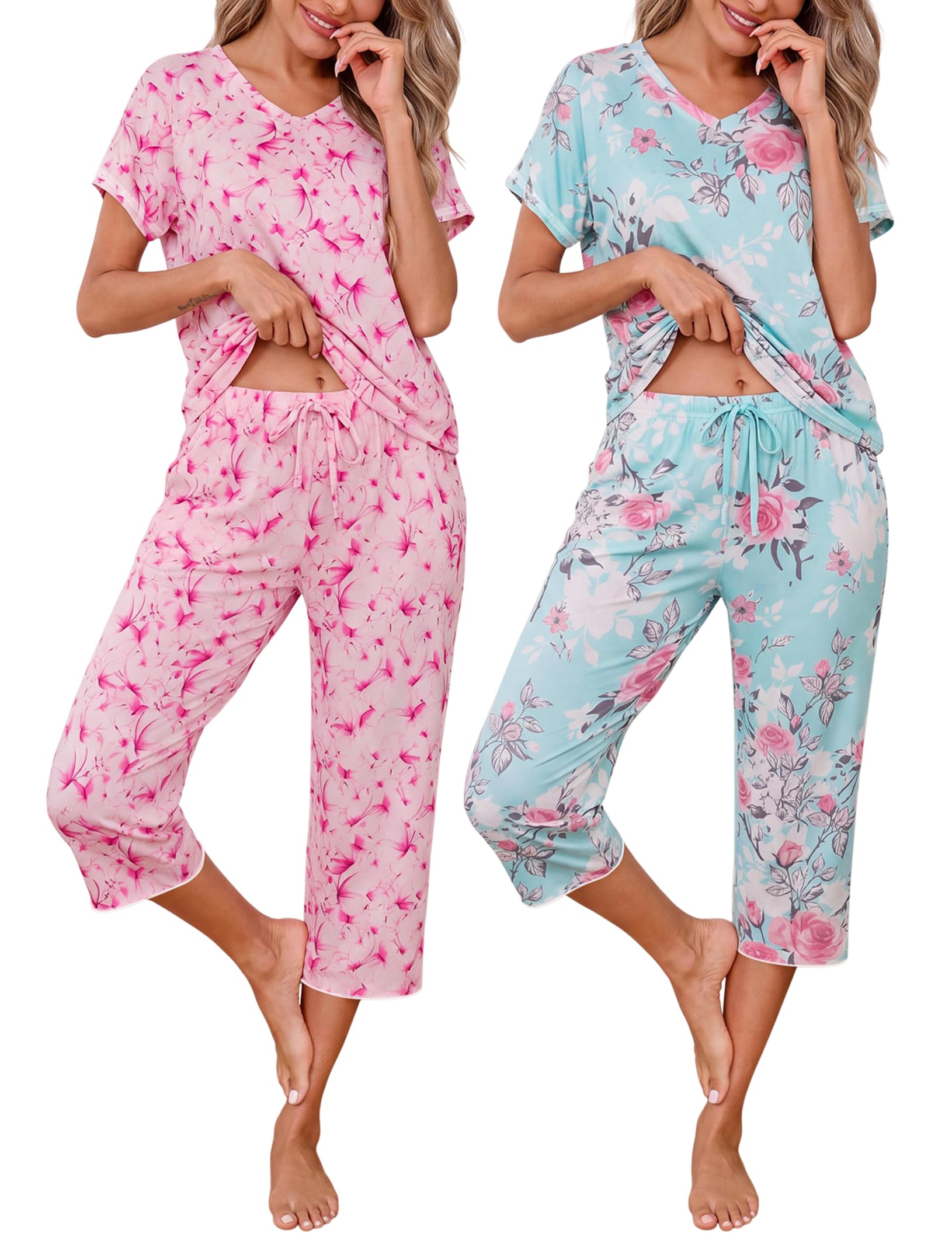 Marvmys Womens 2 Pack Pajama Sets Short Sleeve Sleepwear Capri Pants Pjs | Pockets, Lightweight, Cooling Pyjamas, Nightwear Comfy for Daily Wear, Pajams sets, Sleep, Travel, Wife, Mom WEBE CLOTHING
