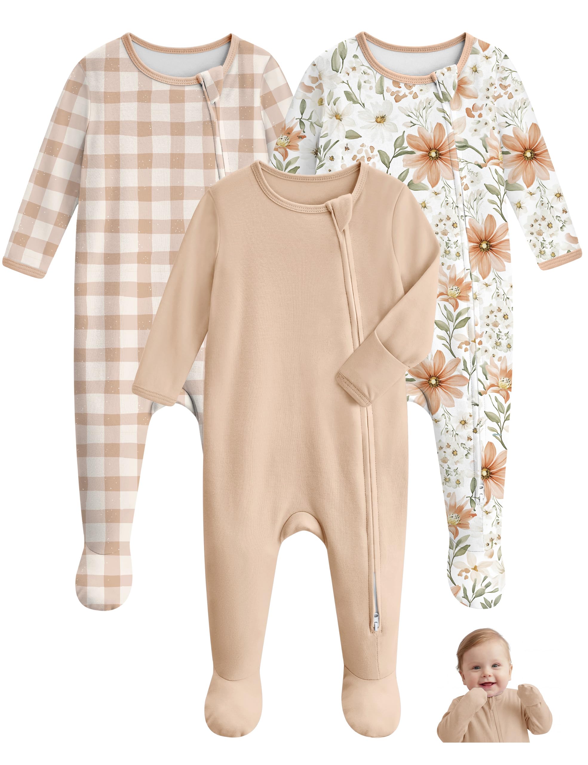 Unnivoll Baby Pajamas 100% Cotton Baby Sleepers for Newborn 0-3 3-6 6-9 Months 3Pcs Footie Pajamas Baby Boys Girls Clothes