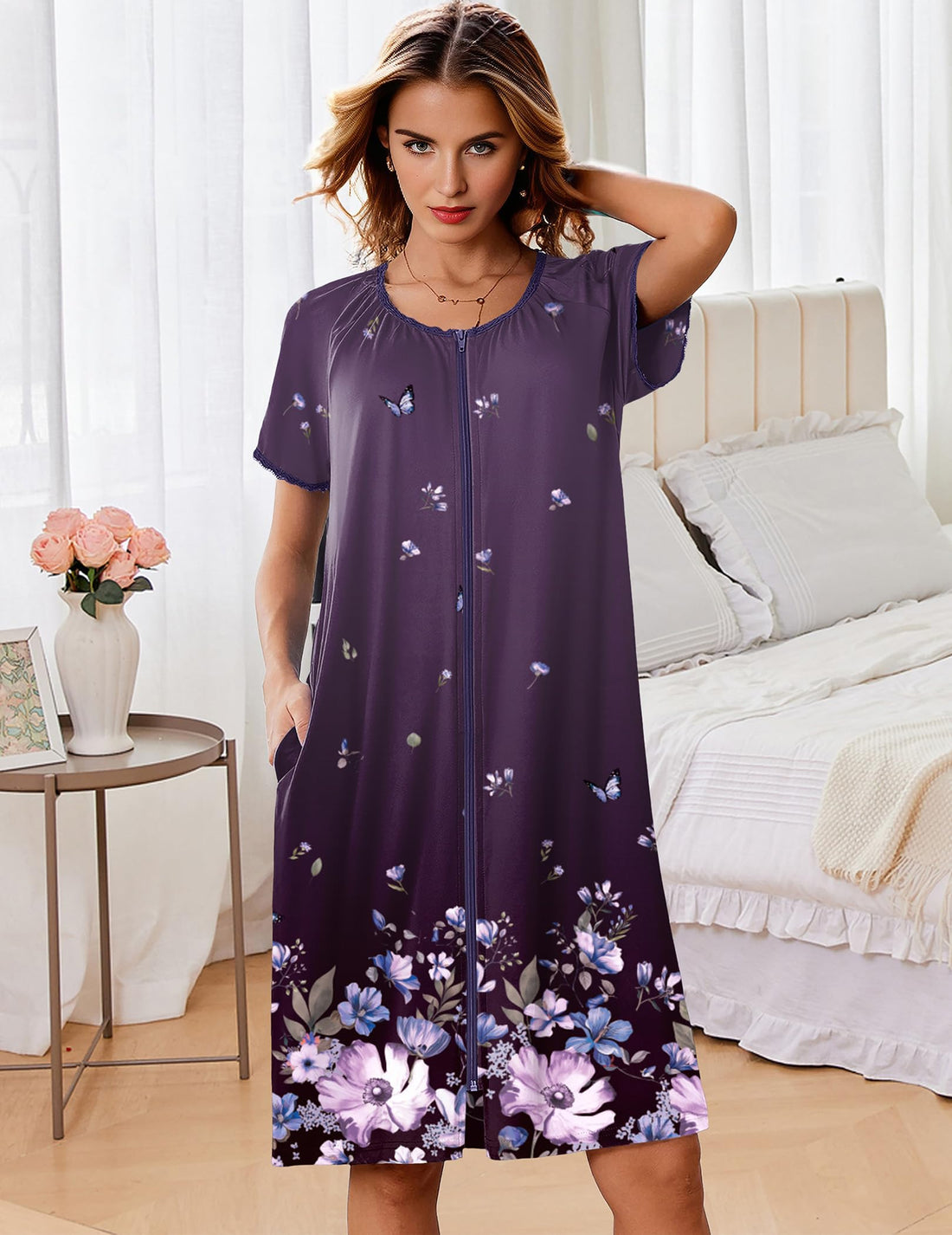Ekouaer Zipper Robes for Women Short Sleeves Knit Bathrobes Knee Length Soft Lace Trim Loungewear with Pockets S-3XL WEBE CLOTHING