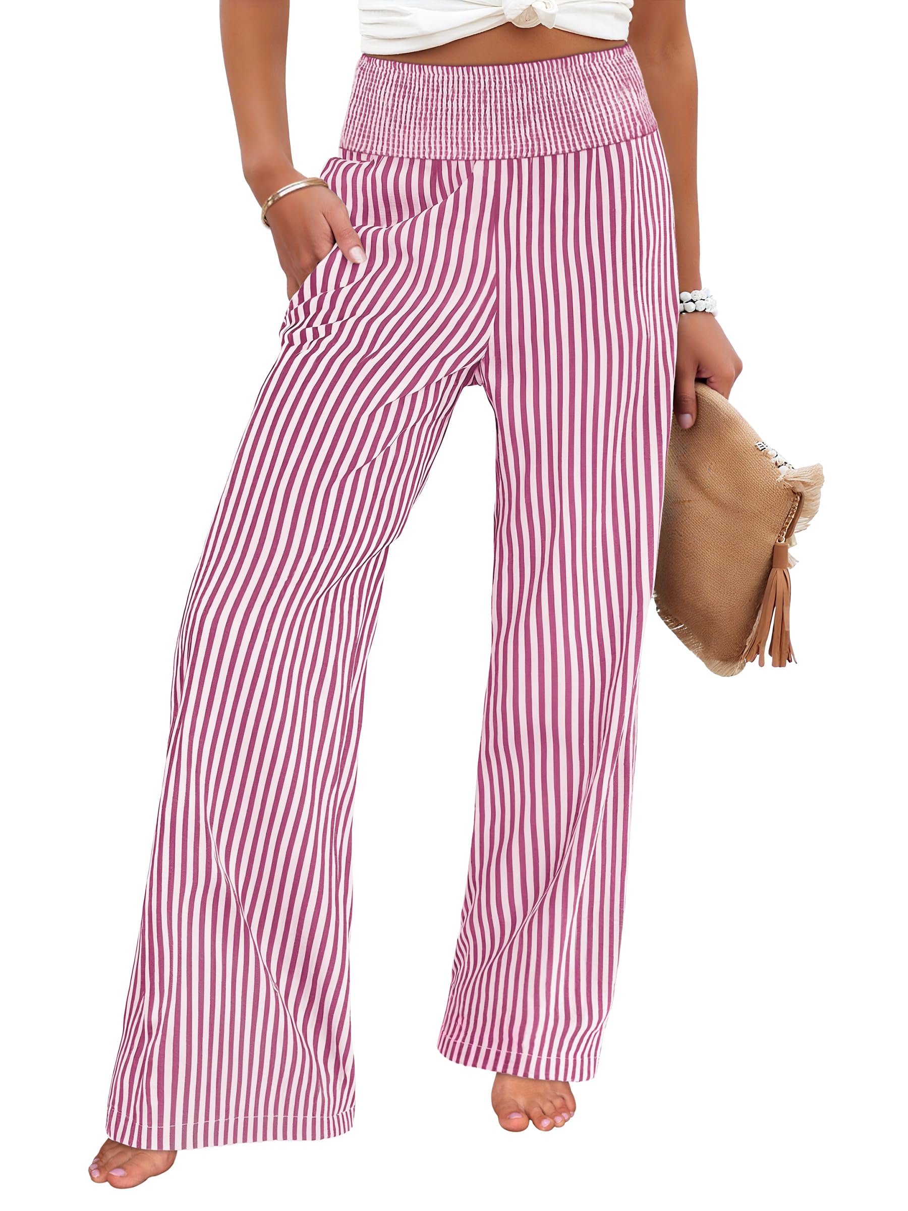 ANRABESS Womens Striped Gingham Palazzo Pants | Wide Leg Smocked High Waisted Pajama Pants, Lounge & Casual, Summer Fall Cute Pants with Pockets