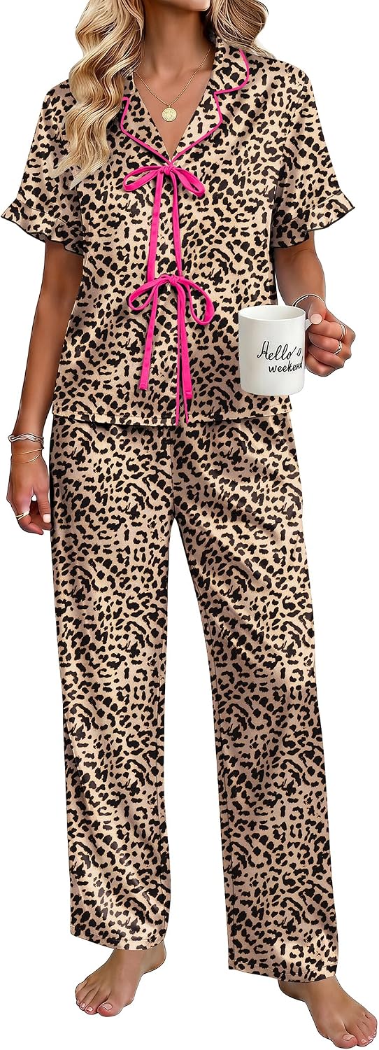 Ekouaer Womens Satin Pajama Sets Silky Tie Front Ruffle Pjs Sets Sleepwear | Soft lightweight satin fabric; tie-front top with ruffle cuffs, ideal for loungewear, bridal party and vacation wear WEBE CLOTHING