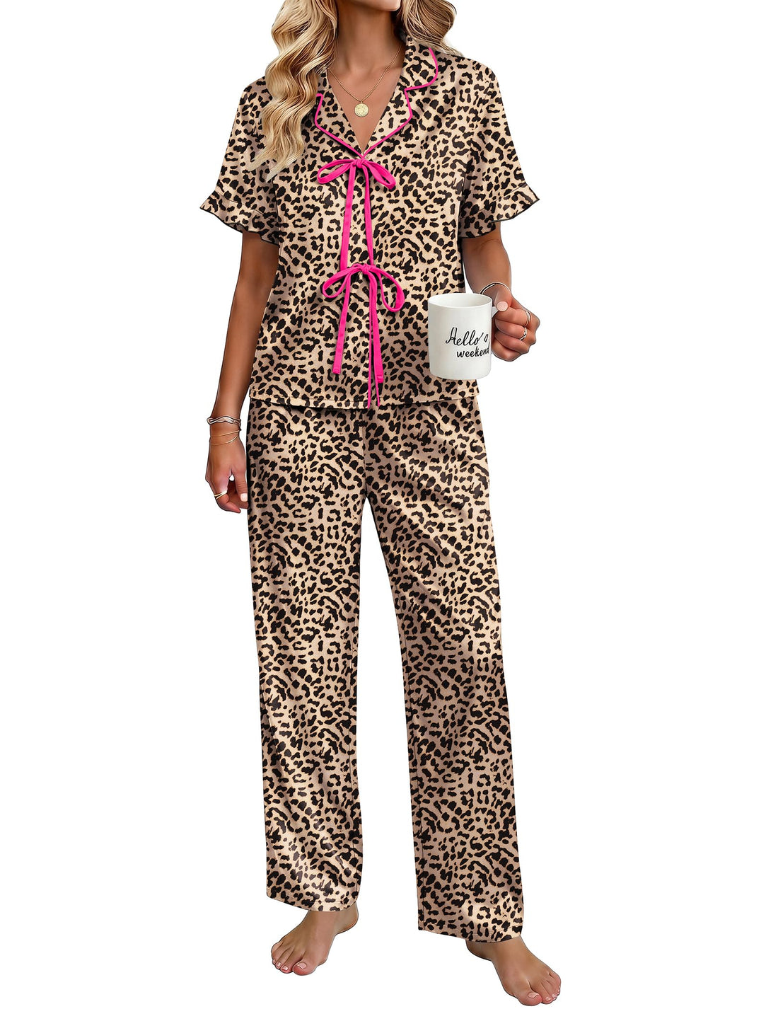 Ekouaer Womens Satin Pajama Sets Silky Tie Front Ruffle Pjs Sets Sleepwear | Soft lightweight satin fabric; tie-front top with ruffle cuffs, ideal for loungewear, bridal party and vacation wear WEBE CLOTHING