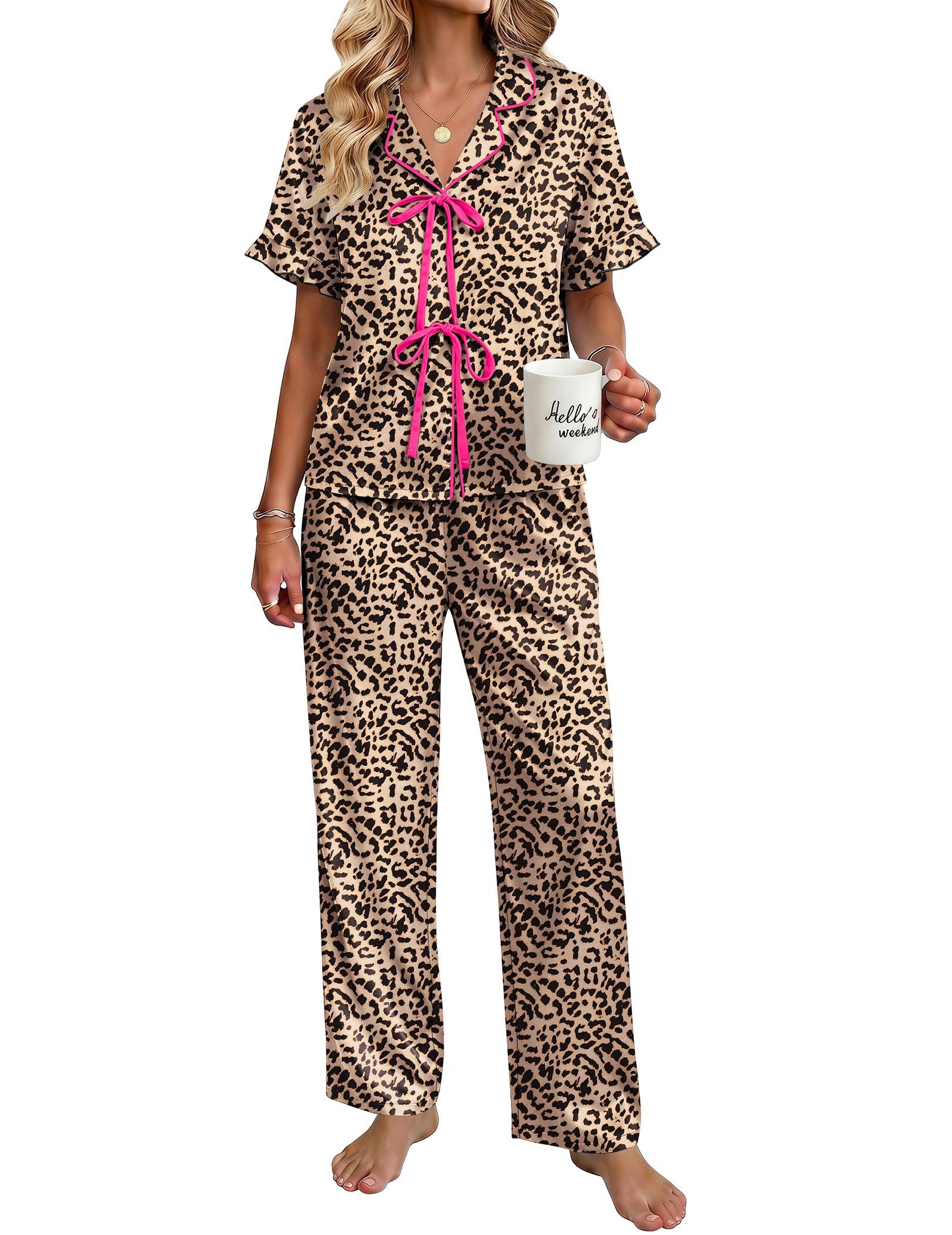 Ekouaer Womens Satin Pajama Sets Silky Tie Front Ruffle Pjs Sets Sleepwear | Soft lightweight satin fabric; tie-front top with ruffle cuffs, ideal for loungewear, bridal party and vacation wear WEBE CLOTHING