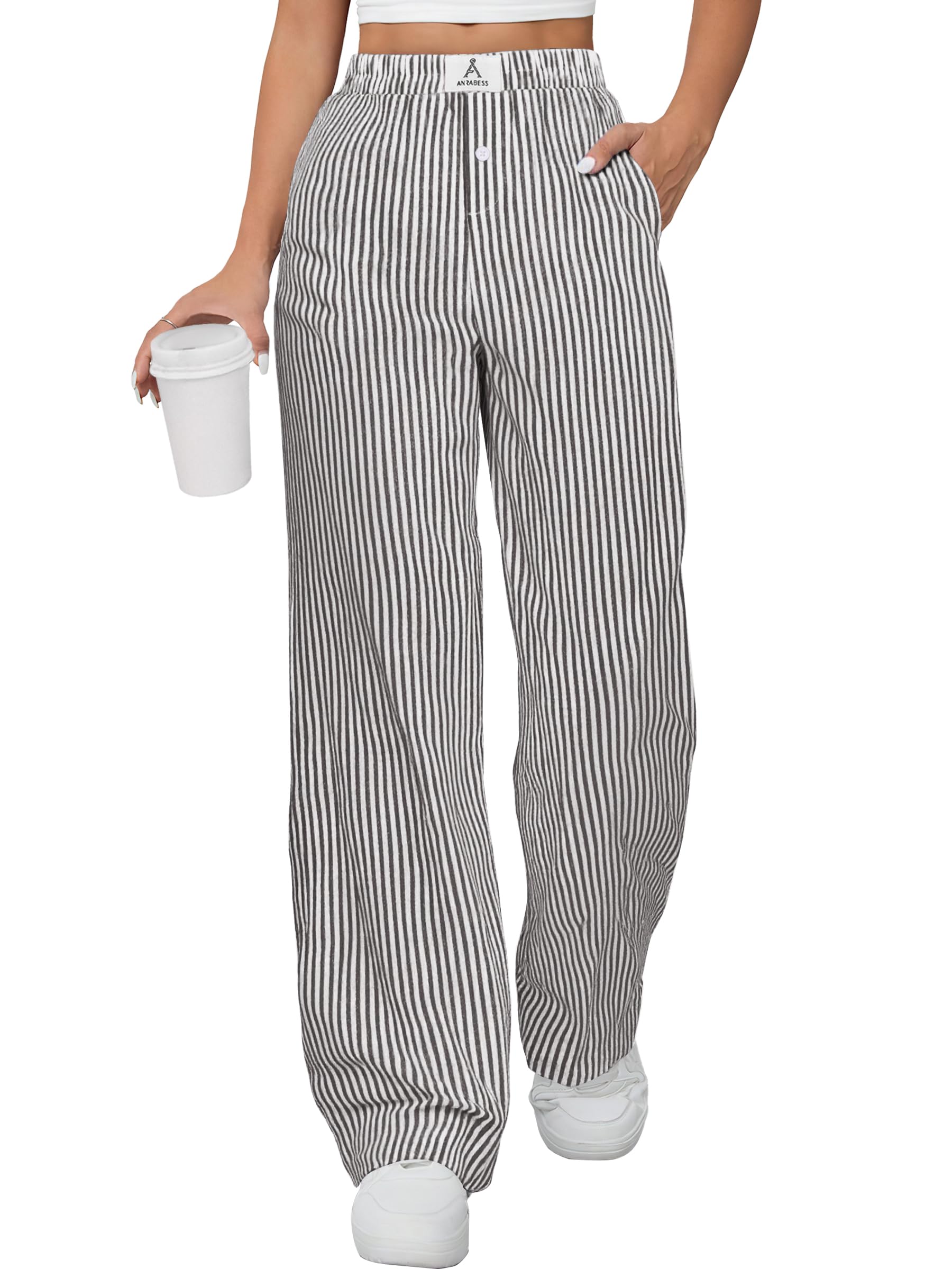 ANRABESS Womens Gingham Striped Boxer Pants | Wide Leg Elastic Waist with Pockets, Lounge Pajama Bottoms Home Daily Wear, Lightweight Breathable, Casual Summer Fall