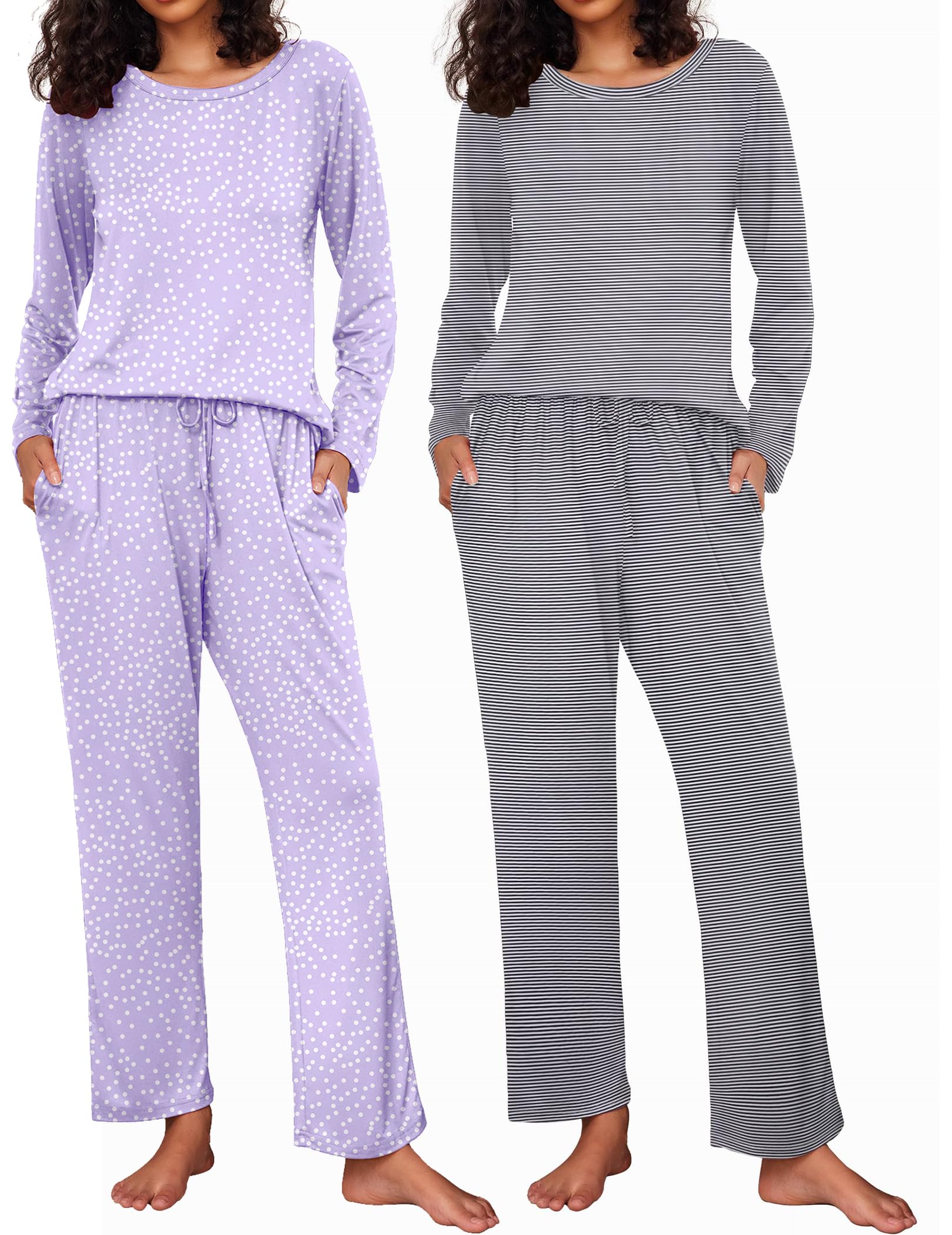 Ekouaer 2 Pack Womens Pajama Sets Long Sleeve Pjs Lounge Set Soft Comfy Sleepwear Winter Loungewear