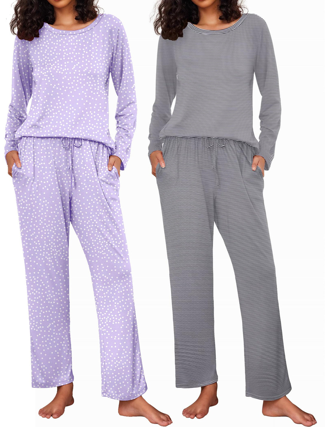 Ekouaer 2 Pack Womens Pajama Sets Long Sleeve Pjs Lounge Set Soft Comfy Sleepwear Winter Loungewear