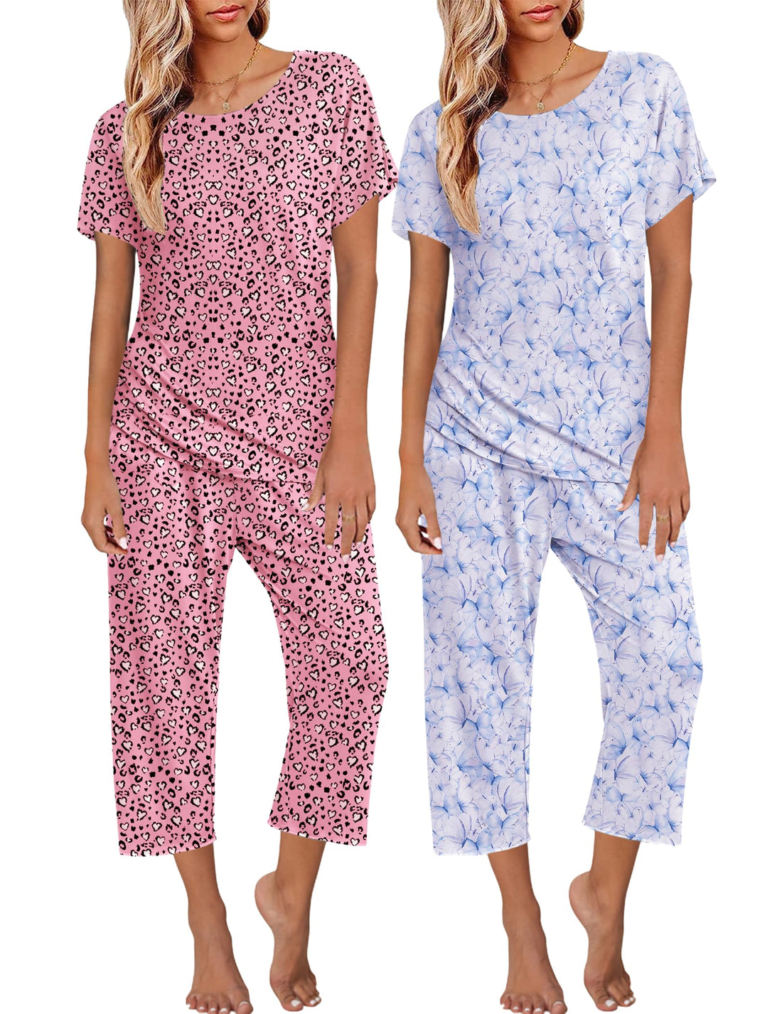 Ekouaer 2 Pack Womens Pajamas Sets Short Sleeve Tops and Capri Pants Pjs Colorful Printed Sleepwear Sets