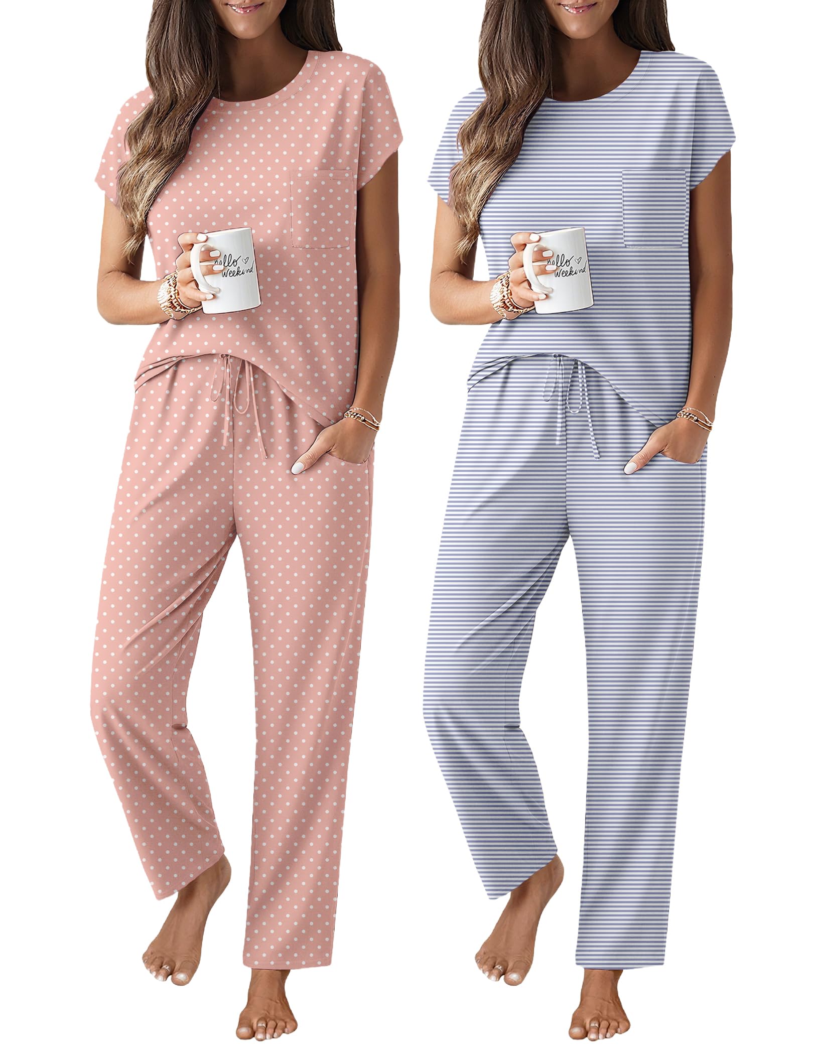 Ekouaer 2 Packs Pajamas for Women Set Cap Sleeve Top and Pants Soft Sleepwear Comfy Pjs Set with Pockets Loungewear